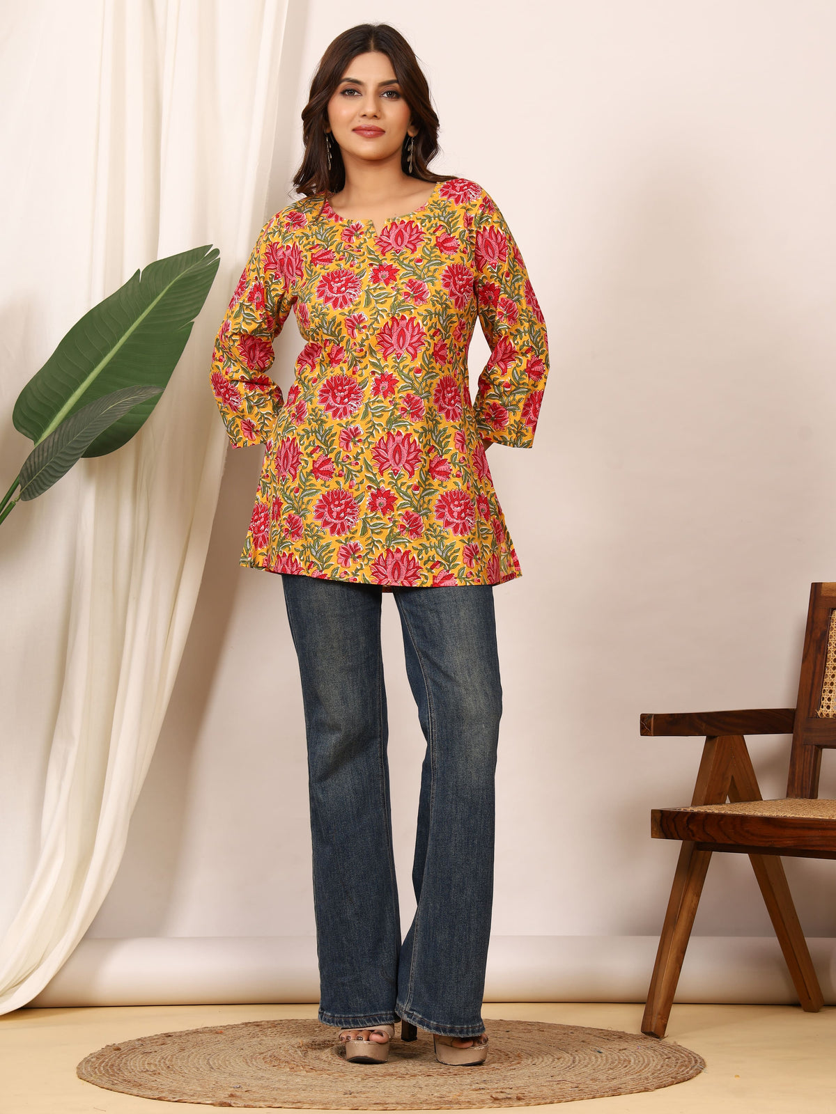 Mustard Yellow & Red Floral Block Print Pure Cotton Top