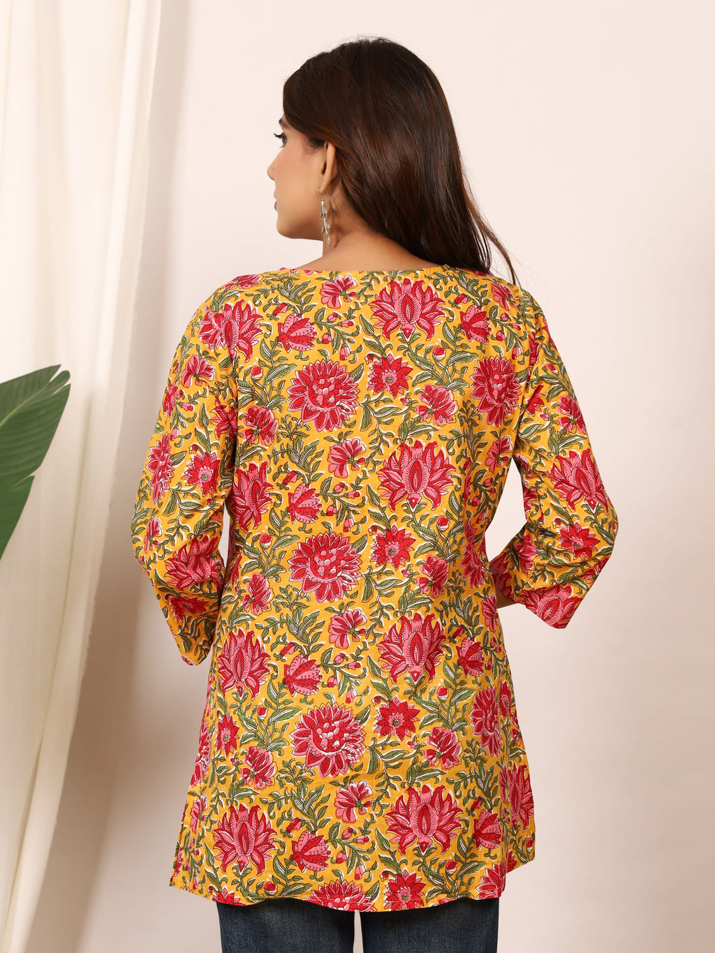 Mustard Yellow & Red Floral Block Print Pure Cotton Top