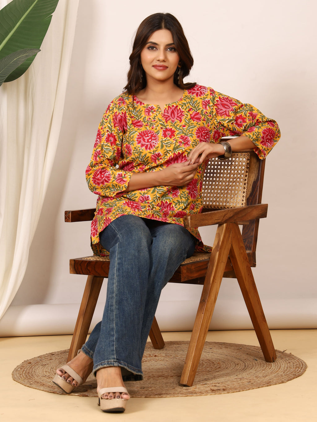 Mustard Yellow & Red Floral Block Print Pure Cotton Top