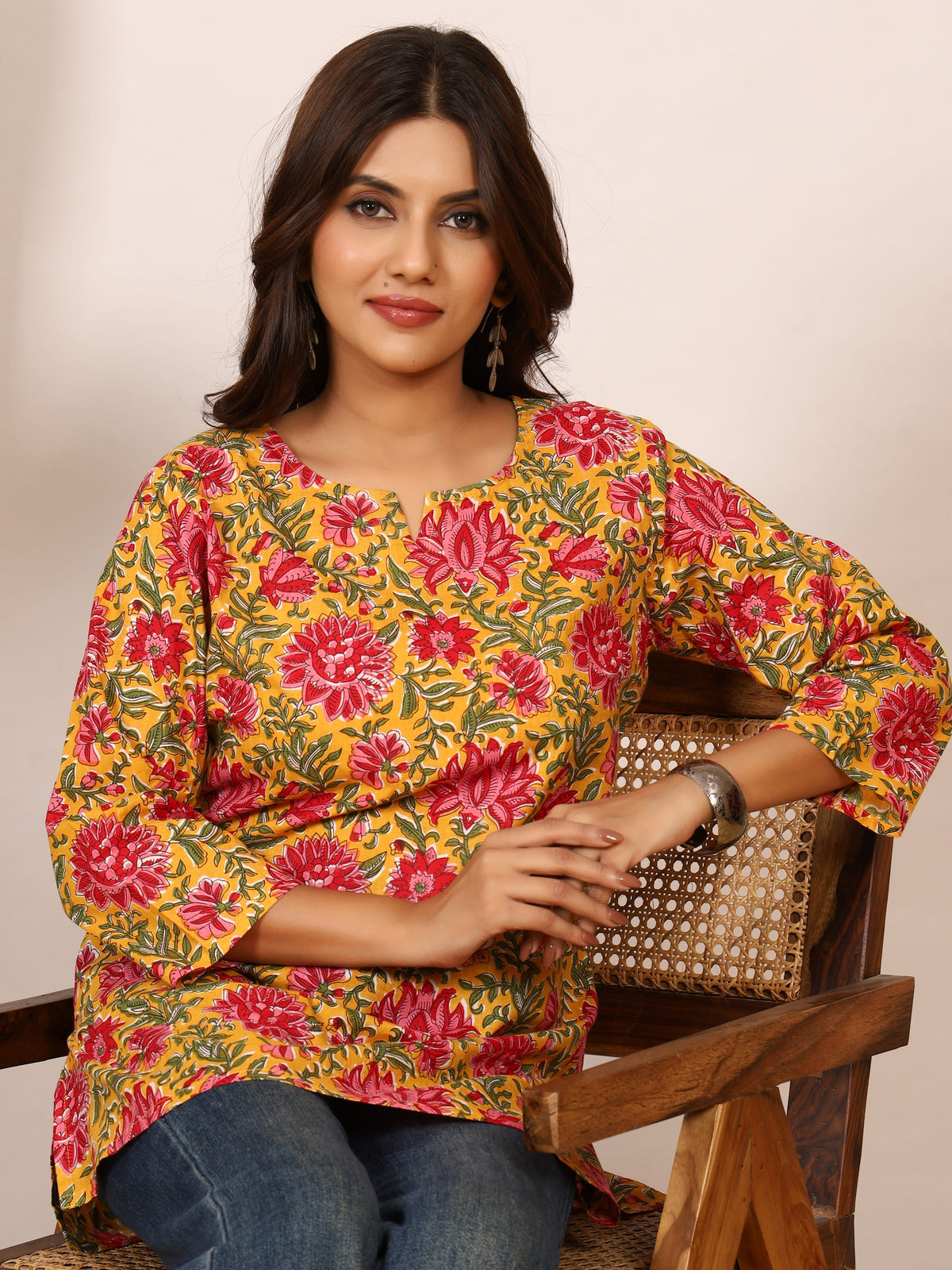 Mustard Yellow & Red Floral Block Print Pure Cotton Top