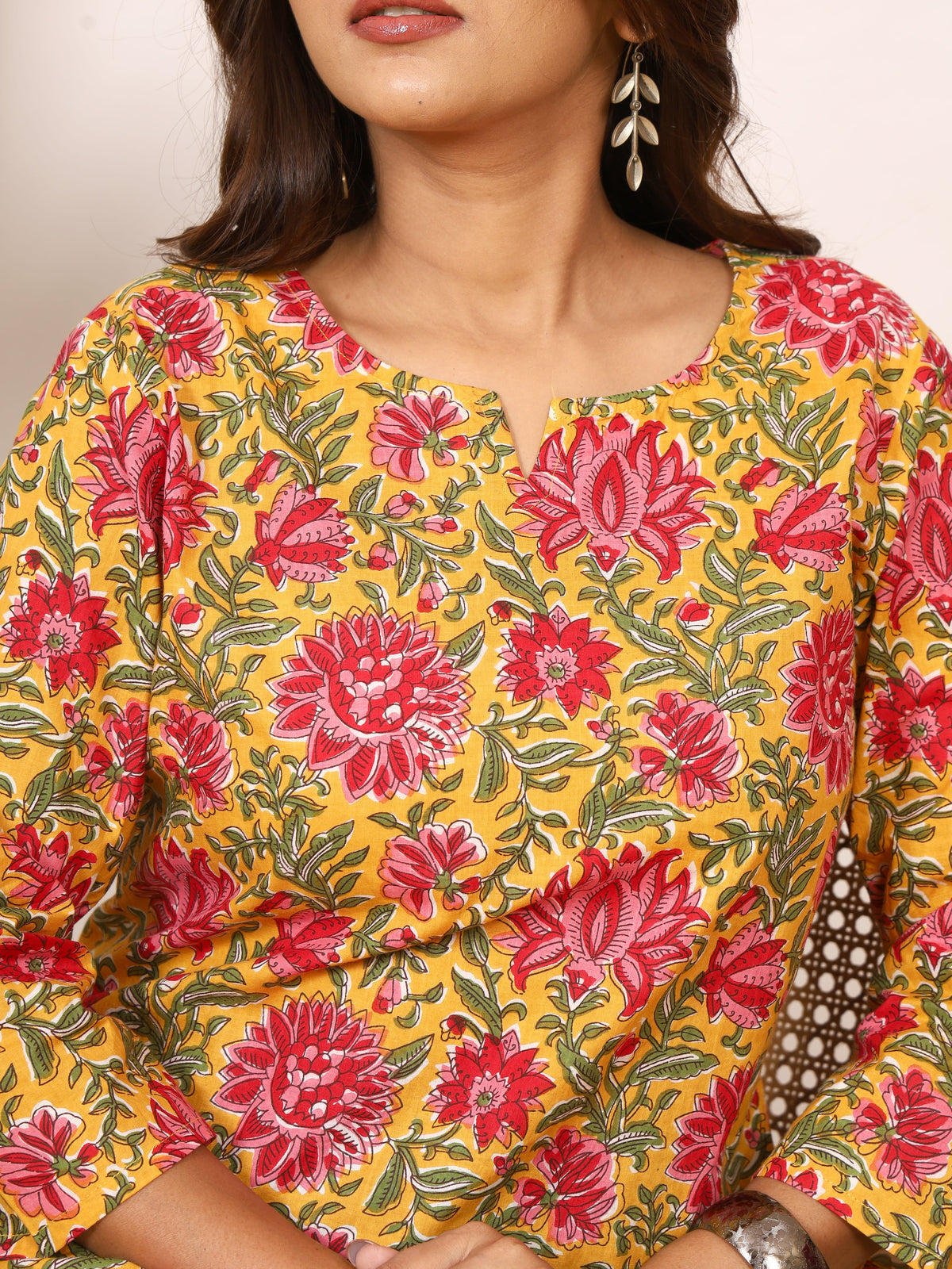 Mustard Yellow & Red Floral Block Print Pure Cotton Top
