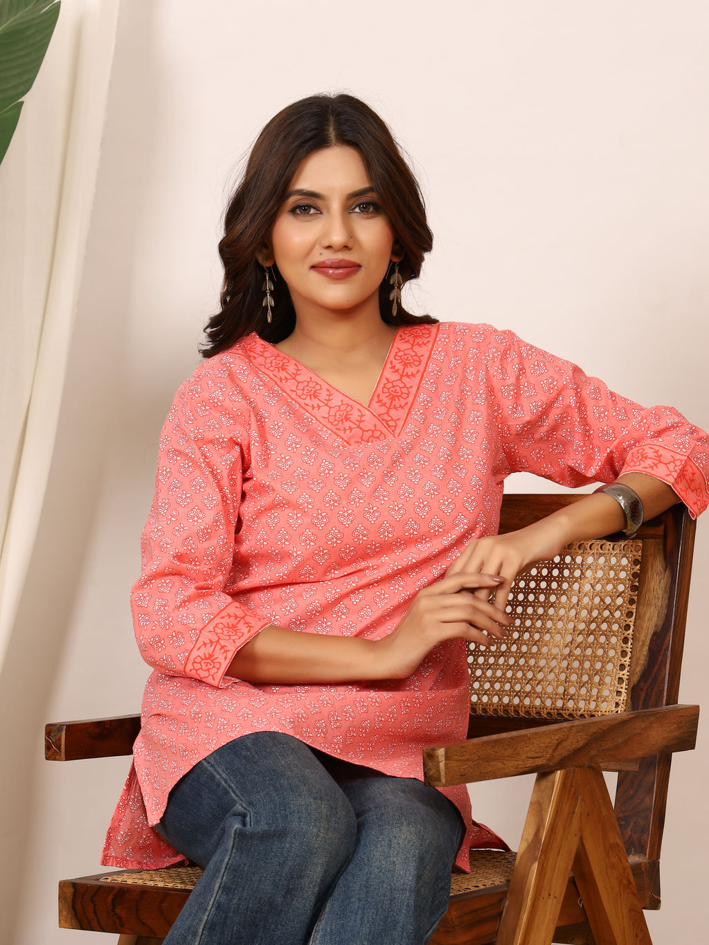 Coral Peach & White Floral Block Print Pure Cotton Top