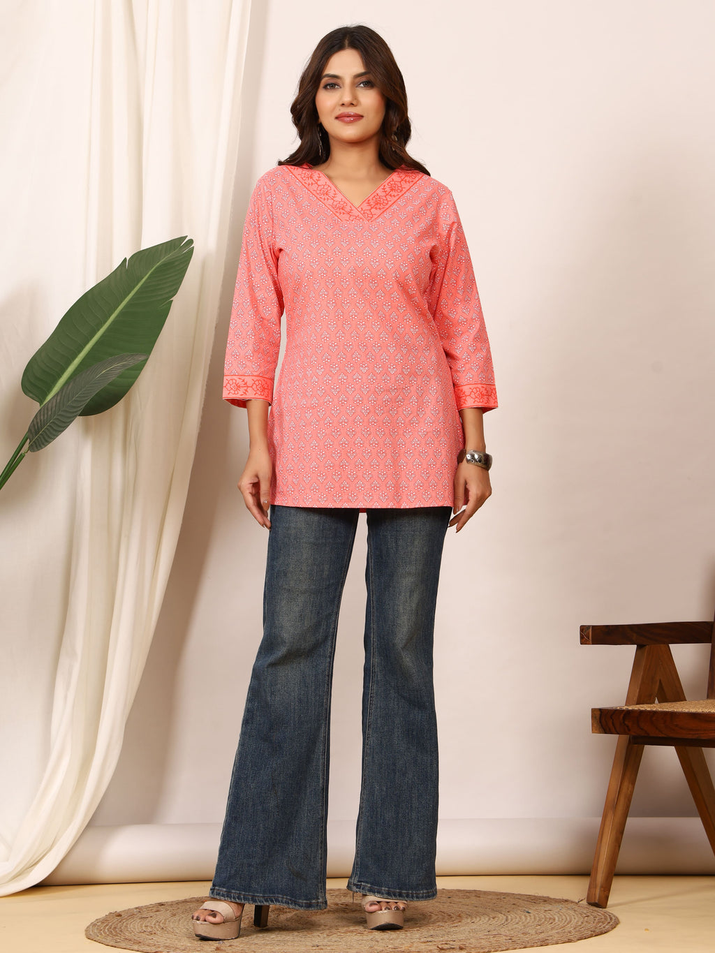 Coral Peach & White Floral Block Print Pure Cotton Top