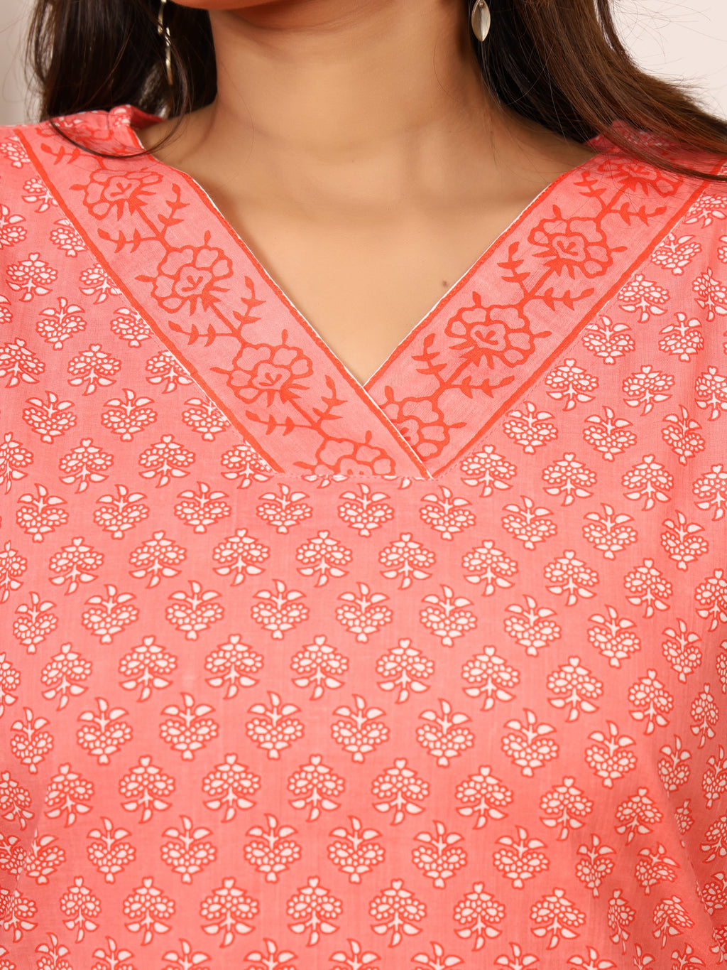 Coral Peach & White Floral Block Print Pure Cotton Top