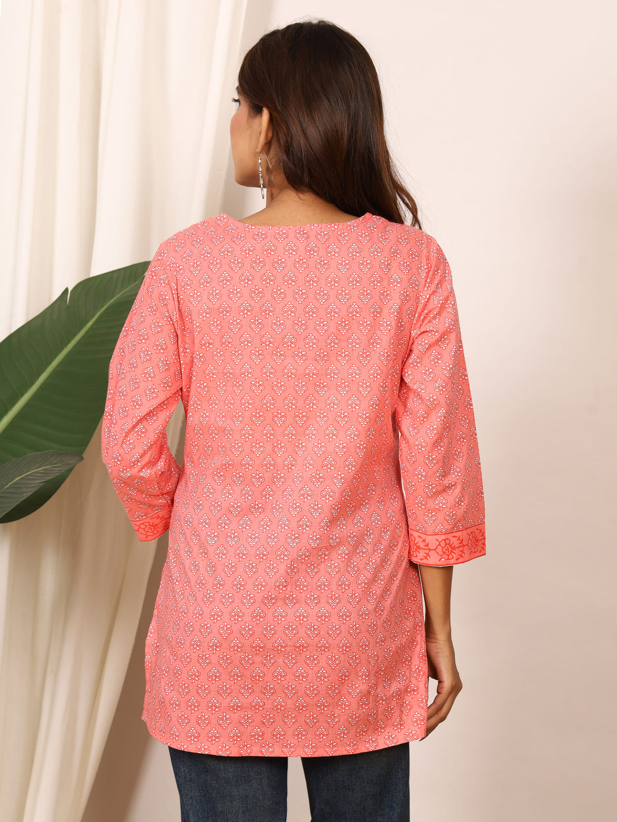 Coral Peach & White Floral Block Print Pure Cotton Top