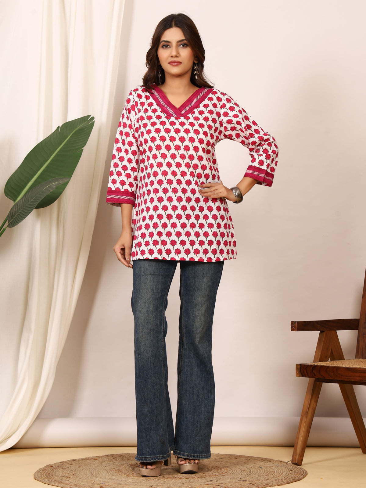 White & Rose Pink Floral Block Print Pure Cotton Top