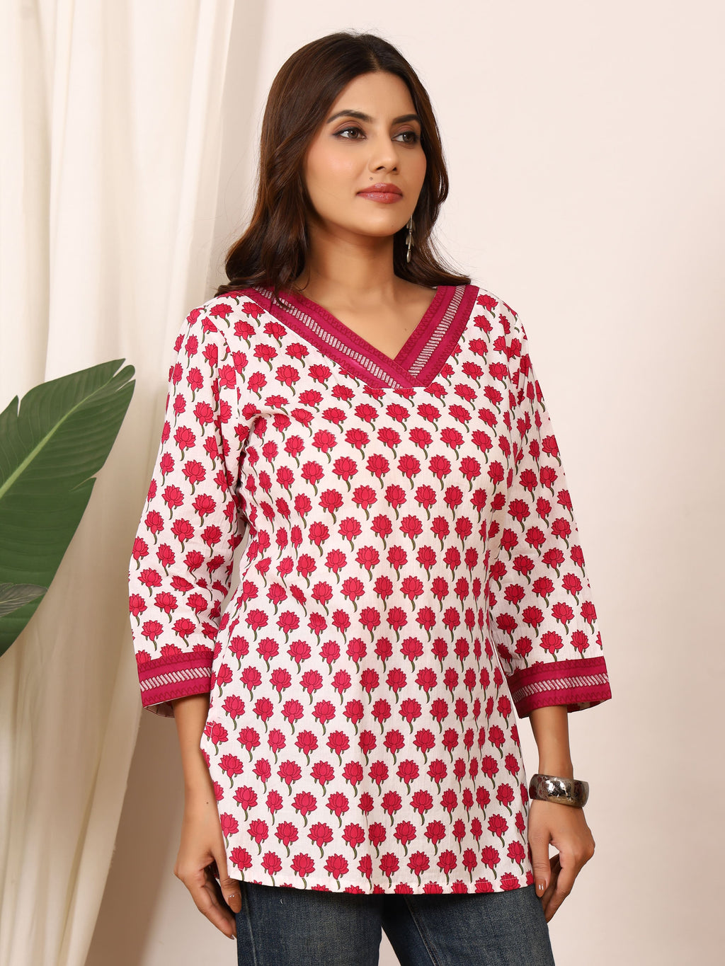 White & Rose Pink Floral Block Print Pure Cotton Top