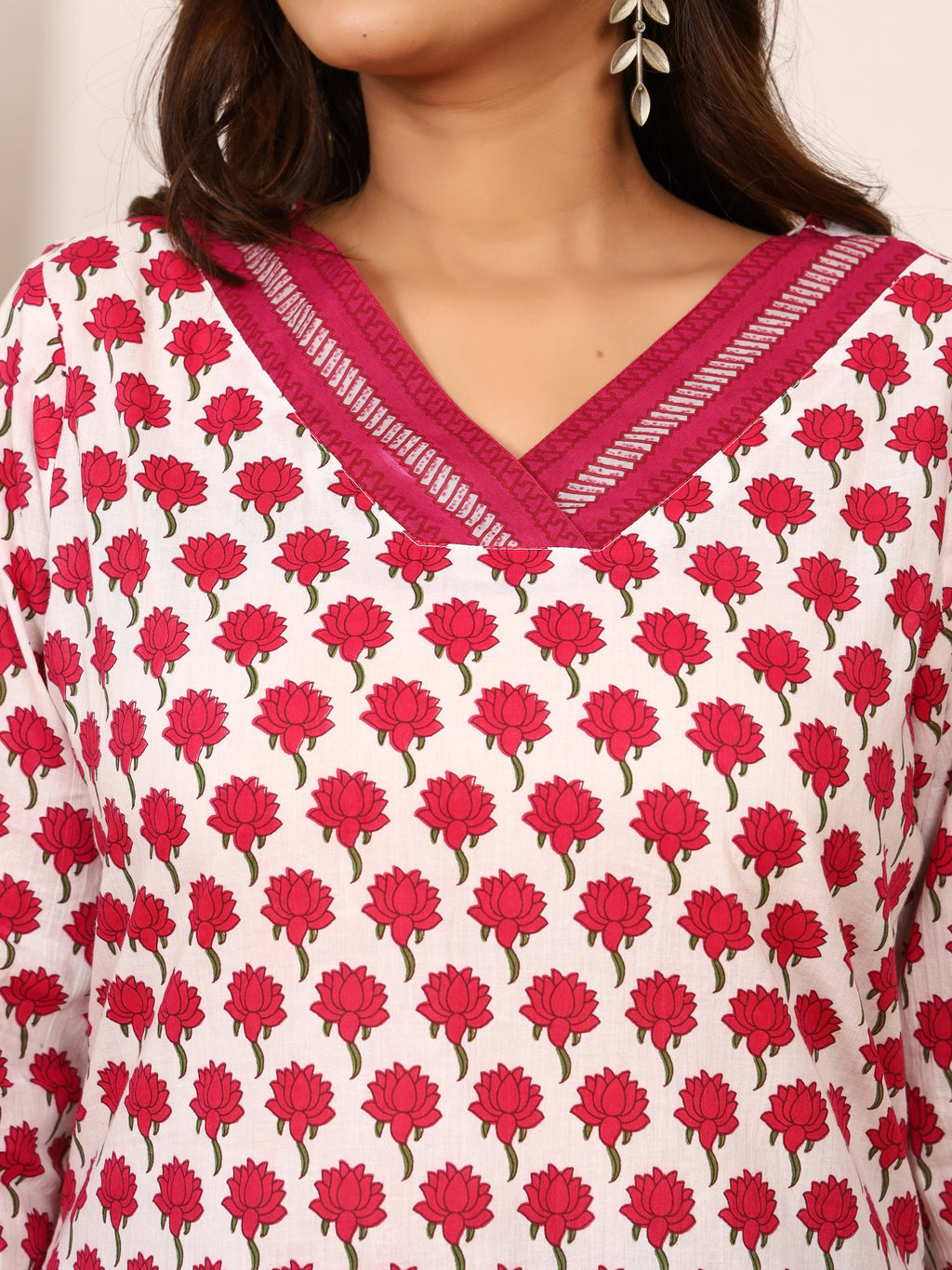 White & Rose Pink Floral Block Print Pure Cotton Top