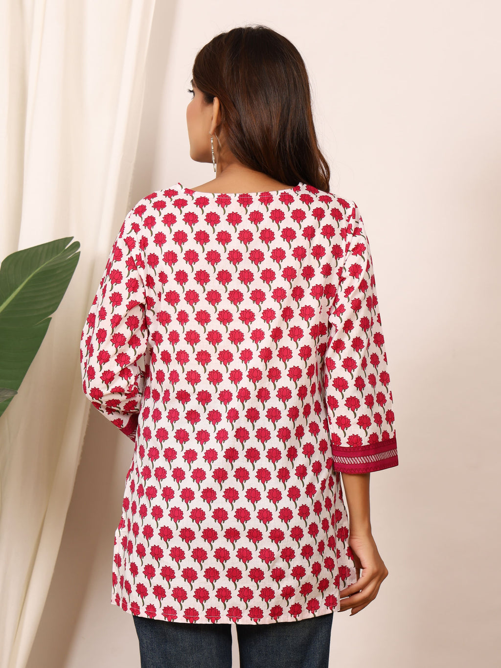White & Rose Pink Floral Block Print Pure Cotton Top