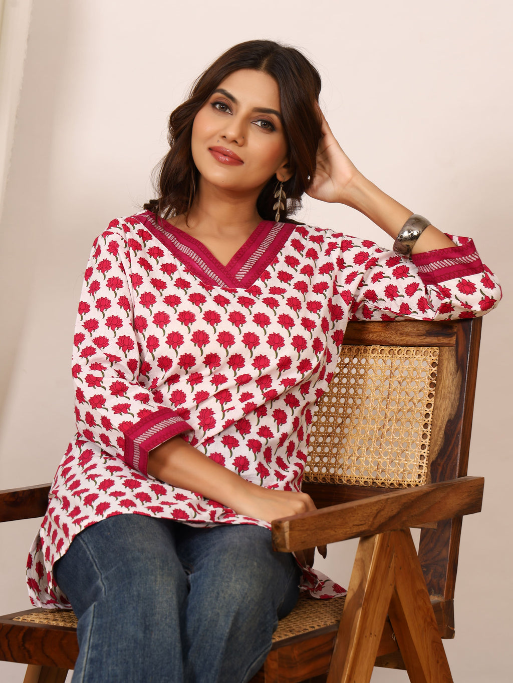White & Rose Pink Floral Block Print Pure Cotton Top