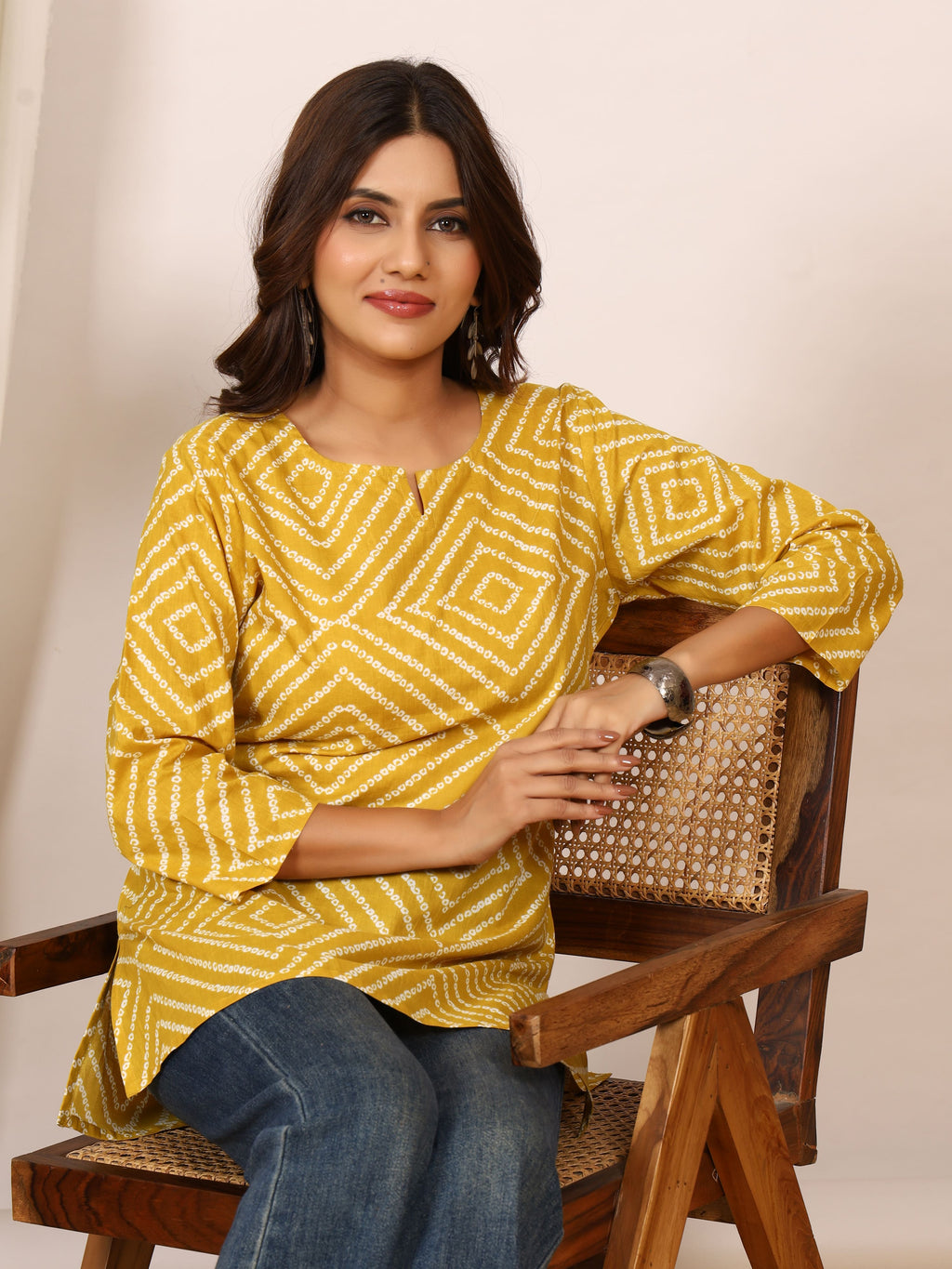Mustard Yellow Bandhani Geometric Pure Cotton Top