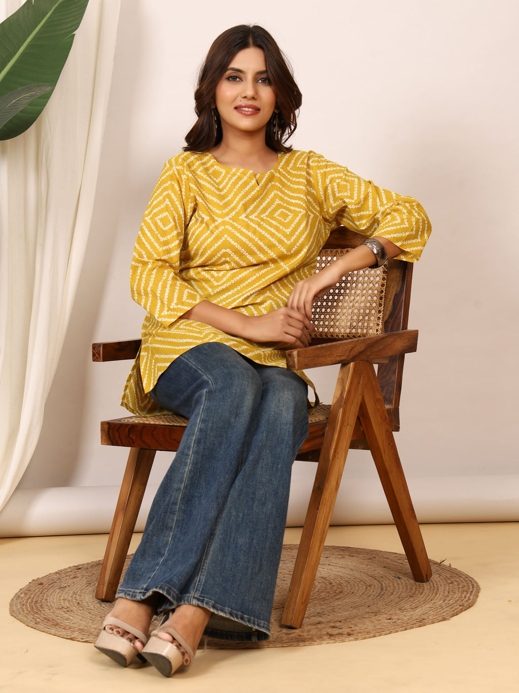 Mustard Yellow Bandhani Geometric Pure Cotton Top