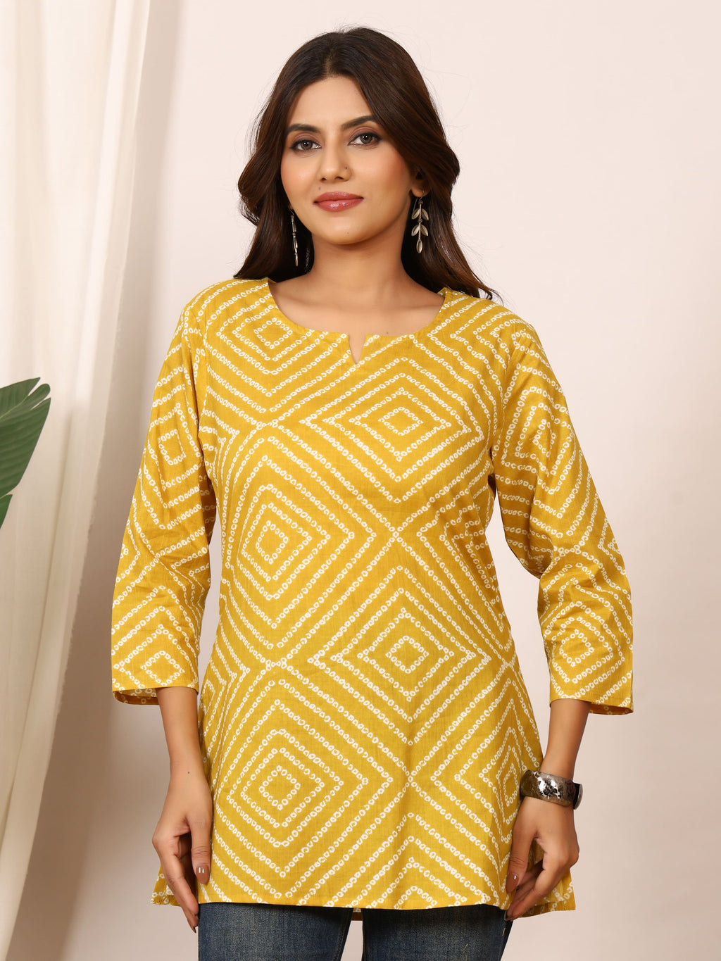 Mustard Yellow Bandhani Geometric Pure Cotton Top