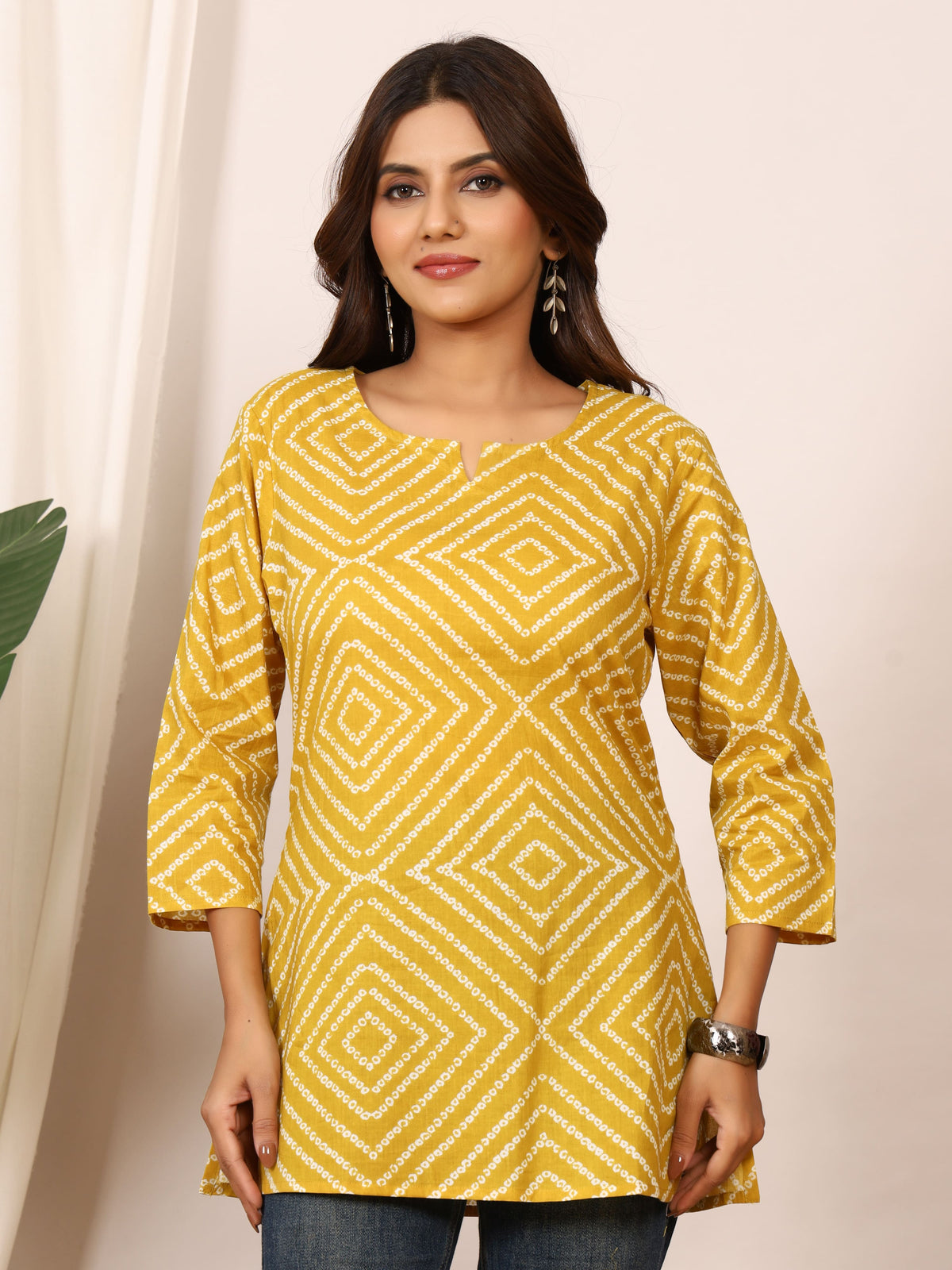 Mustard Yellow Bandhani Geometric Pure Cotton Top