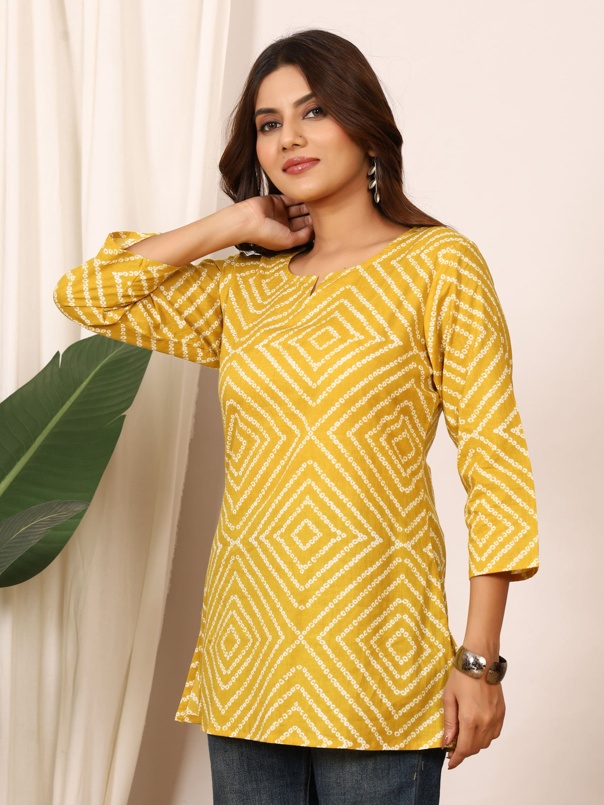 Mustard Yellow Bandhani Geometric Pure Cotton Top