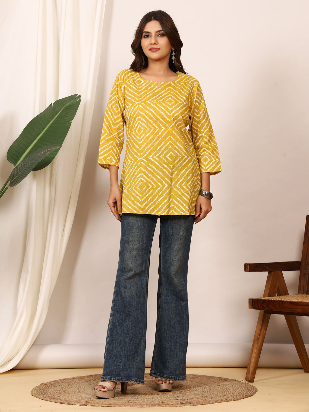 Mustard Yellow Bandhani Geometric Pure Cotton Top