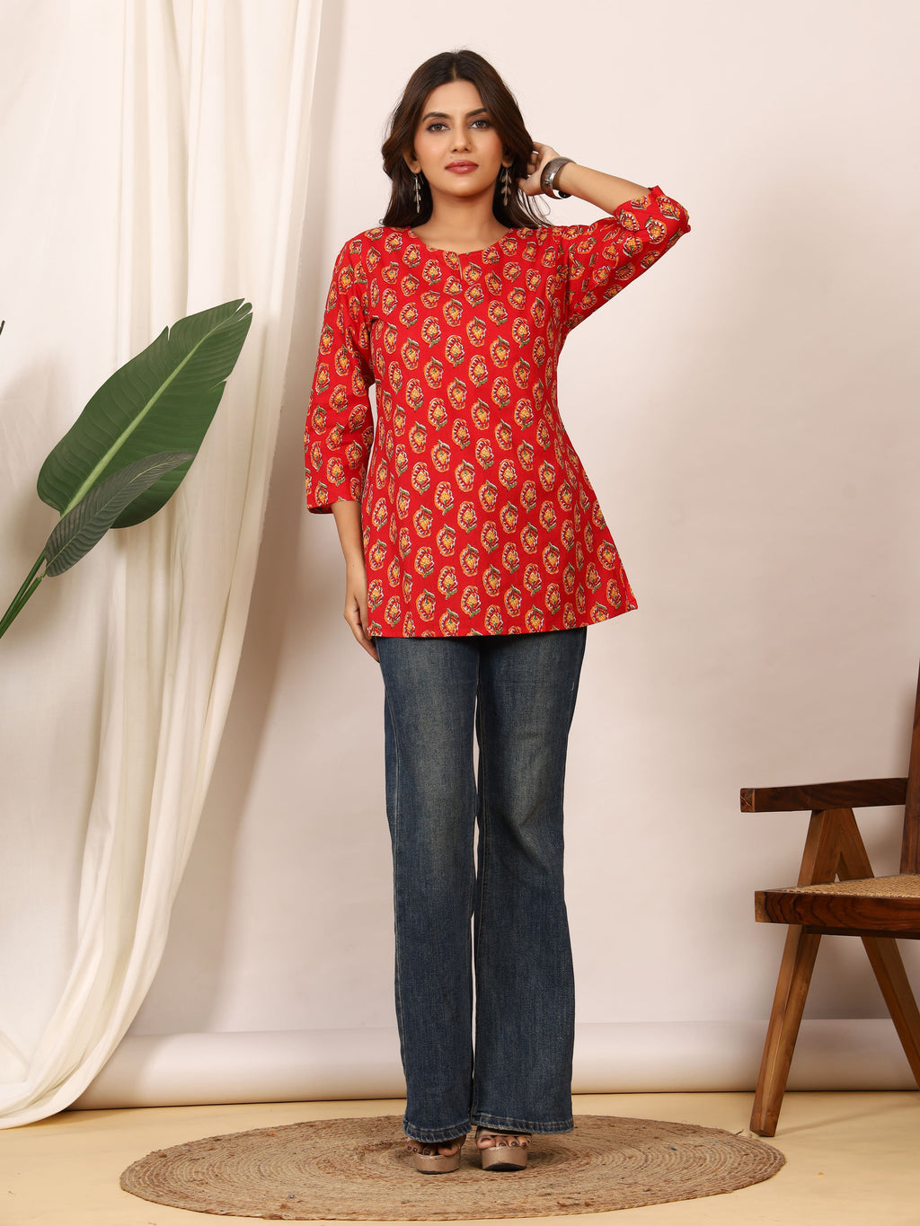 Red & Yellow Floral Motif Block Print Pure Cotton Top