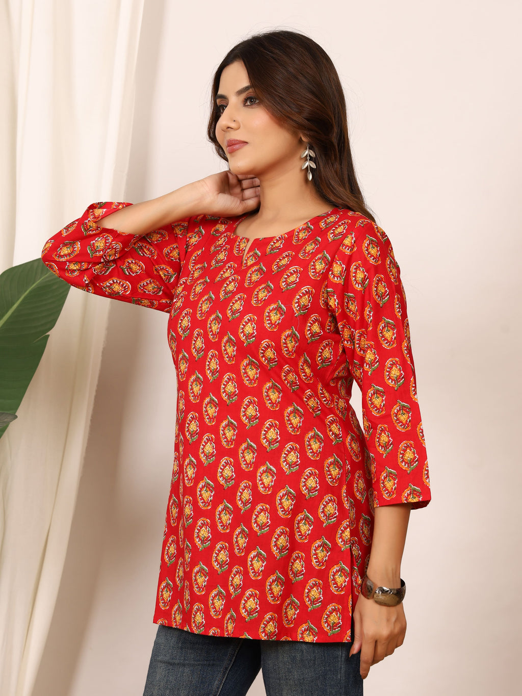 Red & Yellow Floral Motif Block Print Pure Cotton Top