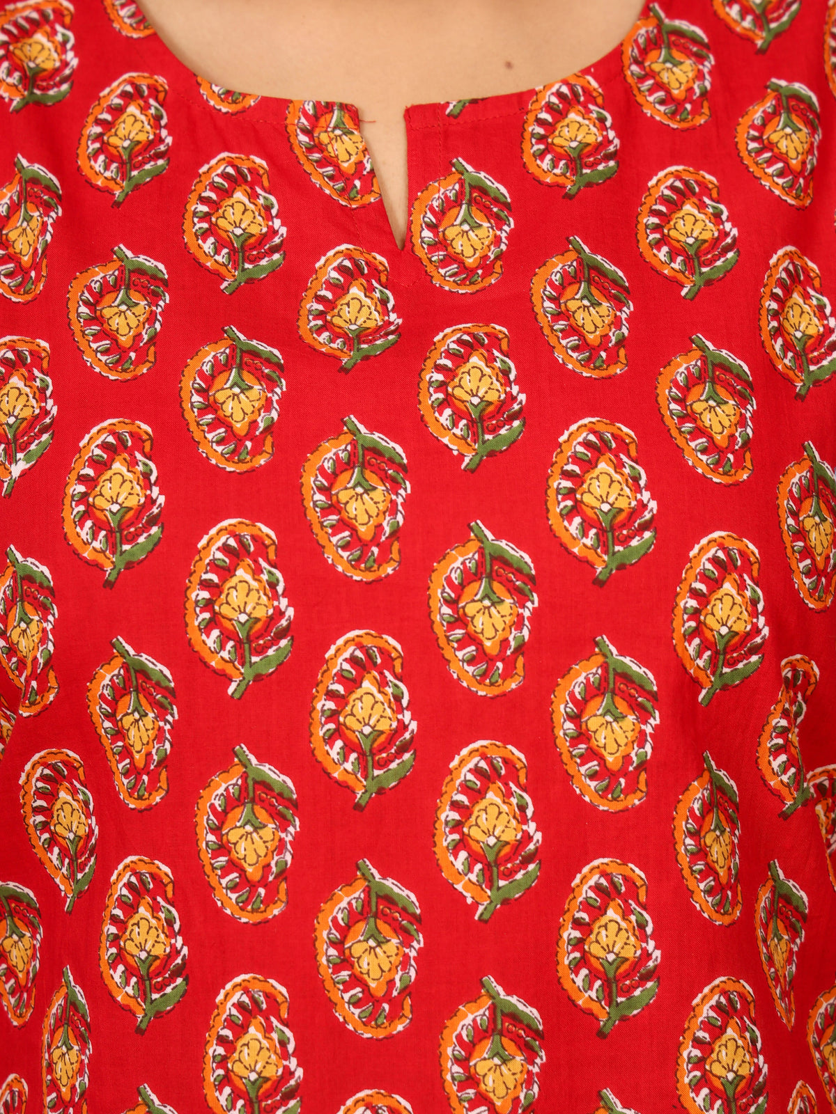 Red & Yellow Floral Motif Block Print Pure Cotton Top