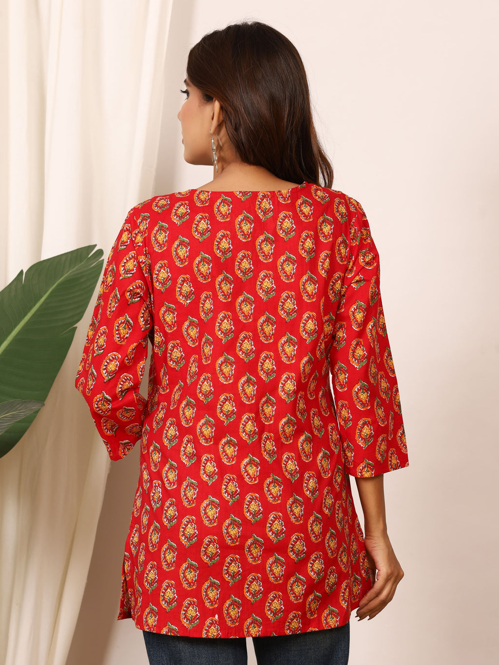 Red & Yellow Floral Motif Block Print Pure Cotton Top