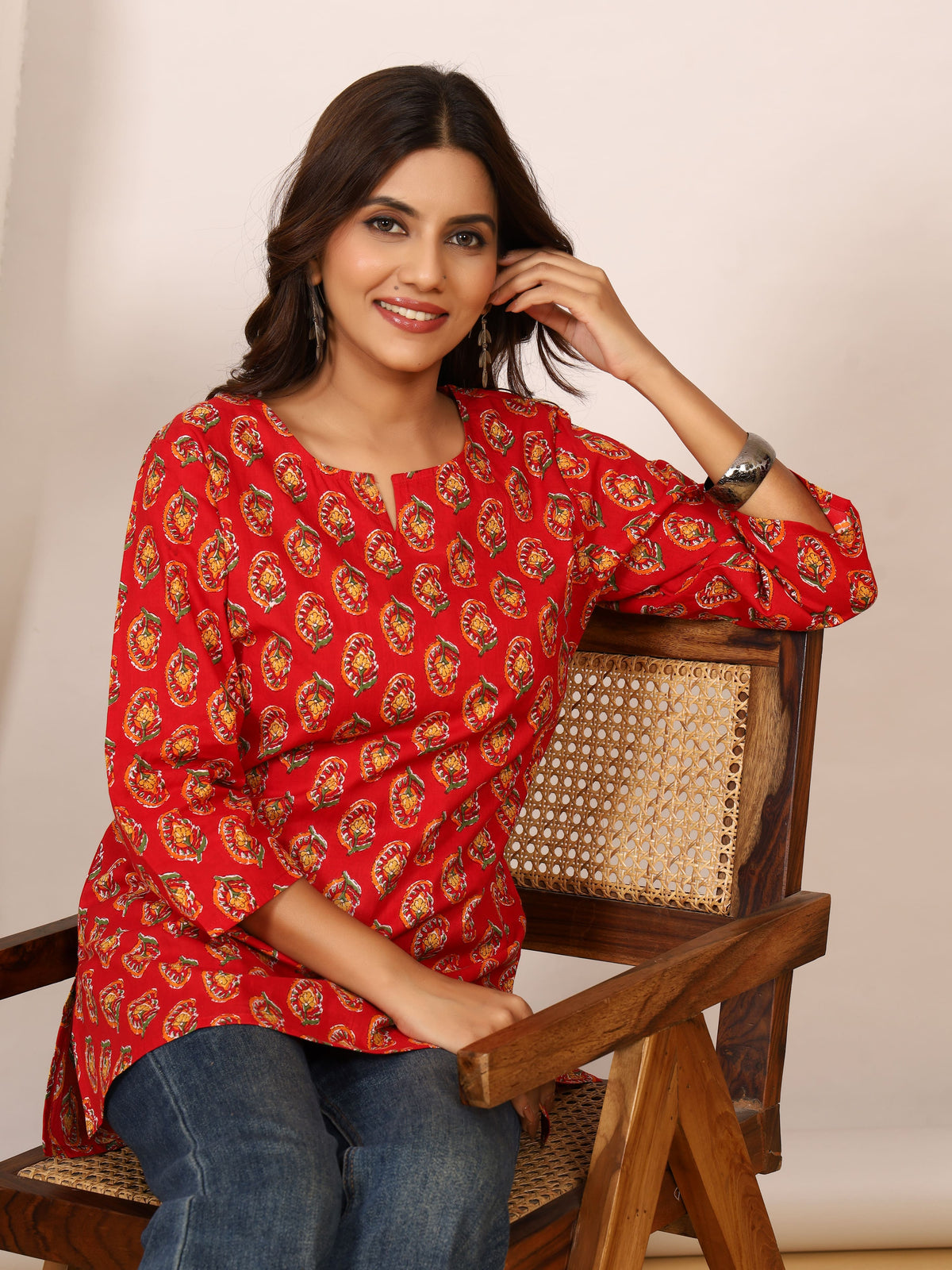 Red & Yellow Floral Motif Block Print Pure Cotton Top