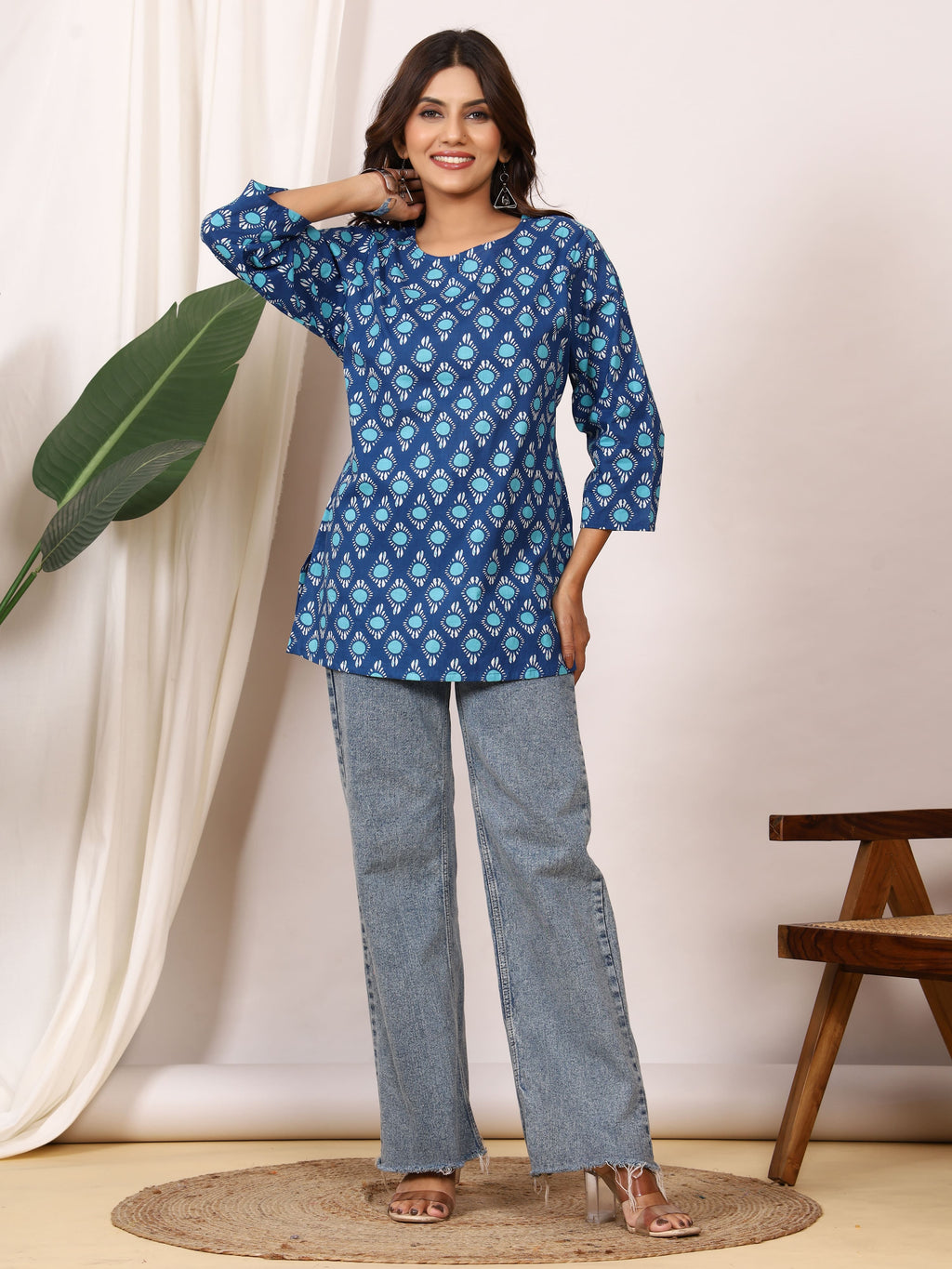 Indigo Blue & Turquoise Circle Block Print Pure Cotton Top