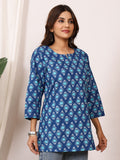 Indigo Blue & Turquoise Circle Block Print Pure Cotton Top