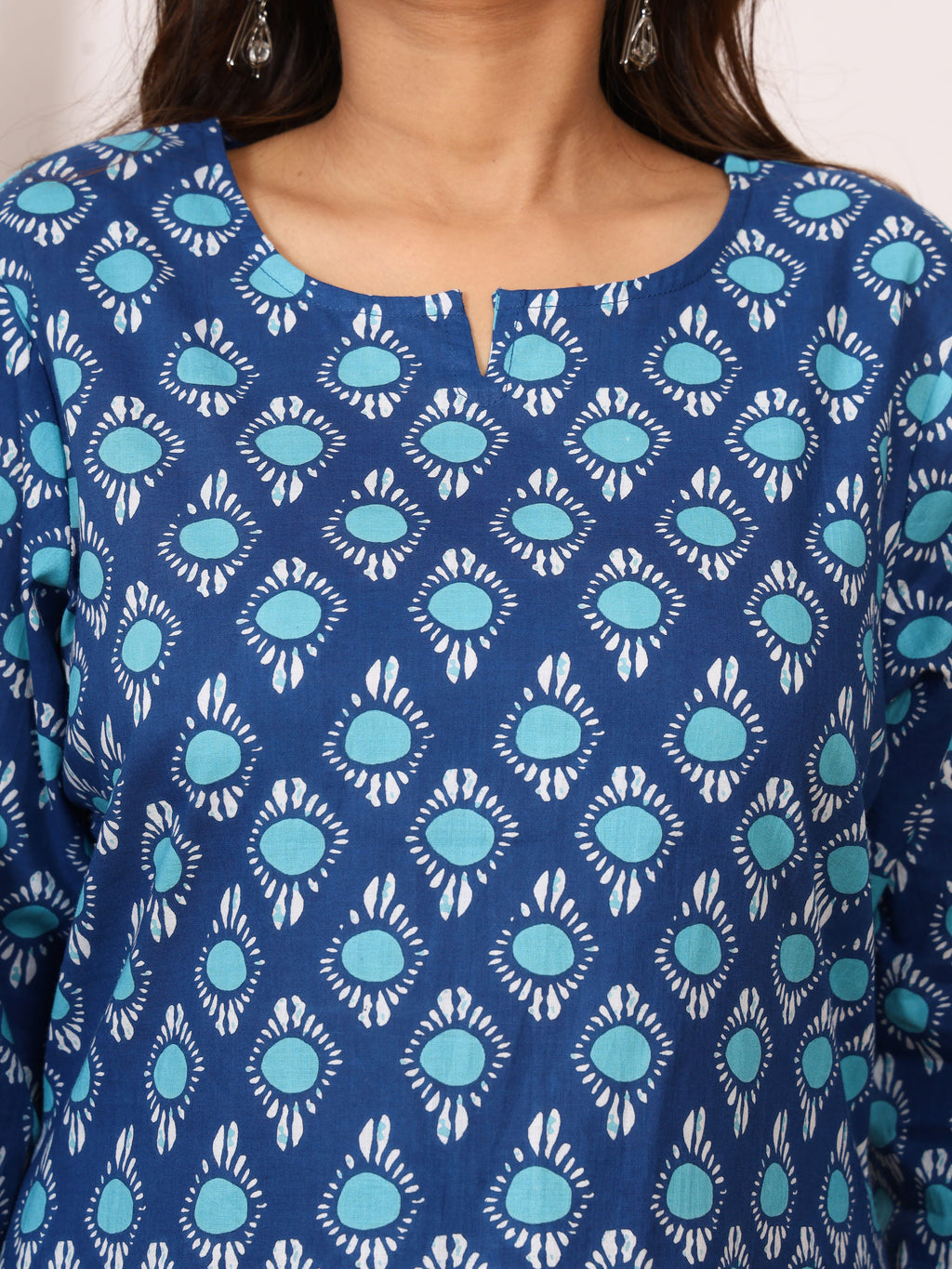 Indigo Blue & Turquoise Circle Block Print Pure Cotton Top