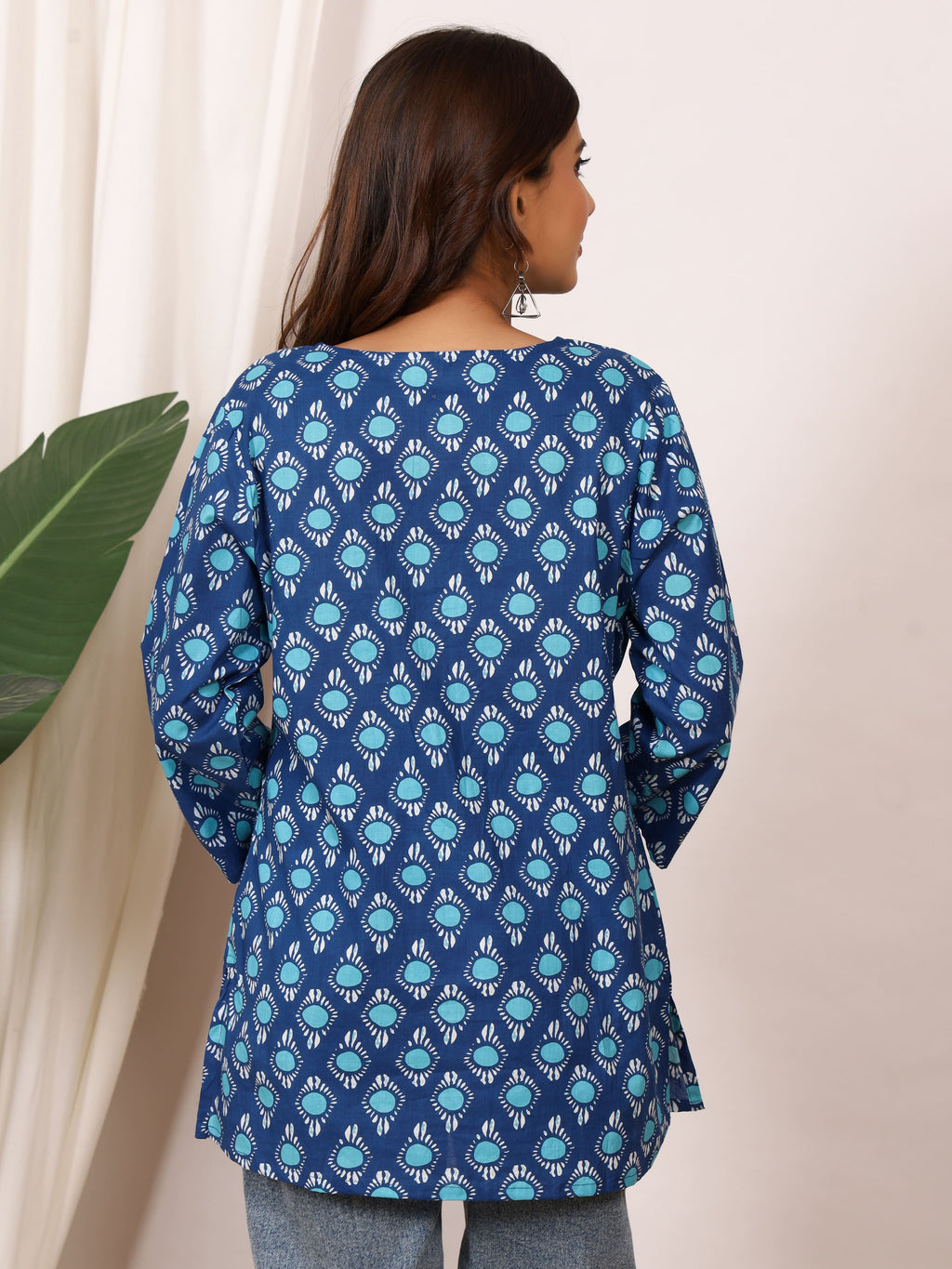 Indigo Blue & Turquoise Circle Block Print Pure Cotton Top