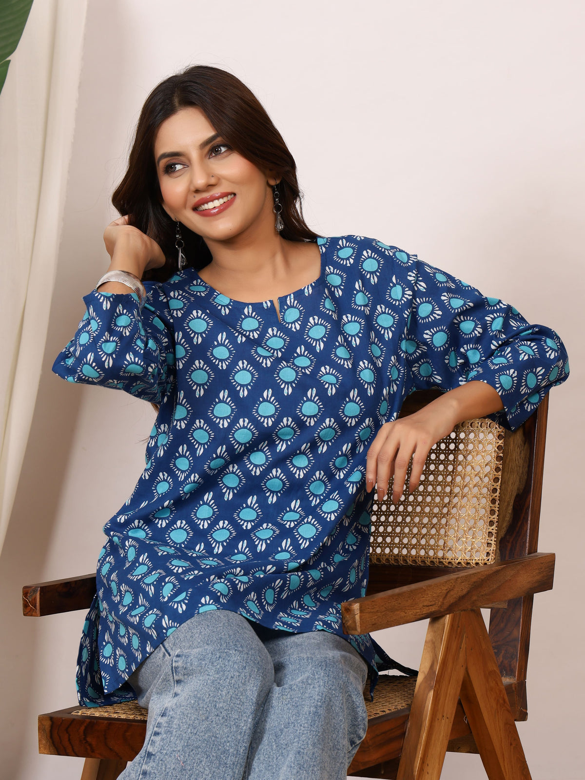 Indigo Blue & Turquoise Circle Block Print Pure Cotton Top