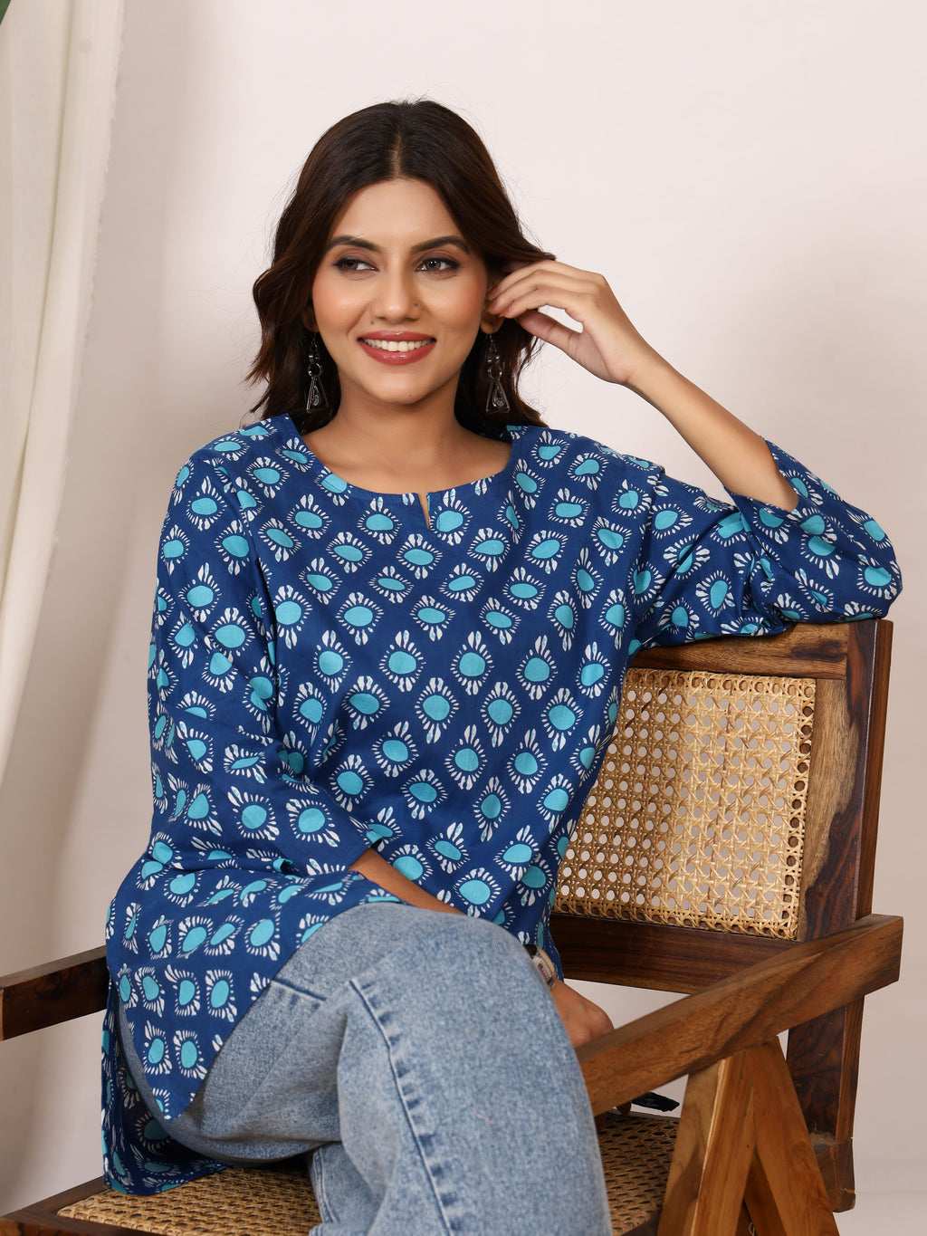 Indigo Blue & Turquoise Circle Block Print Pure Cotton Top