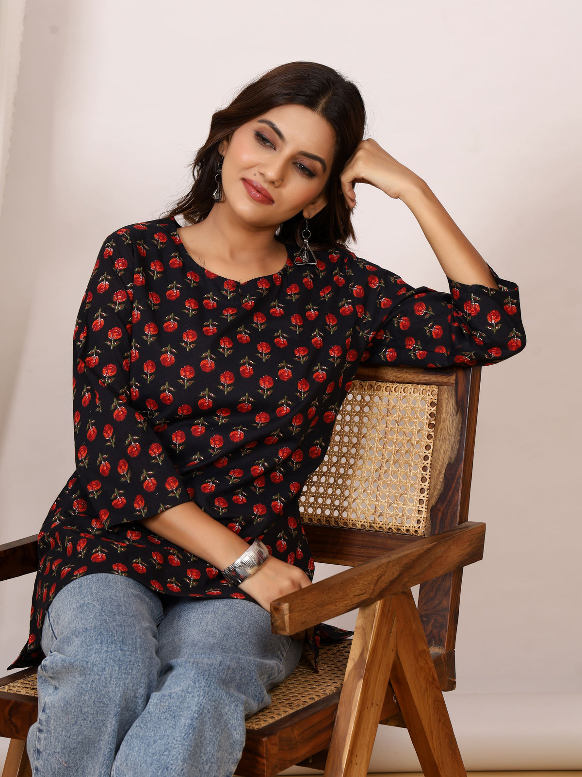 Black & Red Rose Buti Block Print Pure Cotton Top