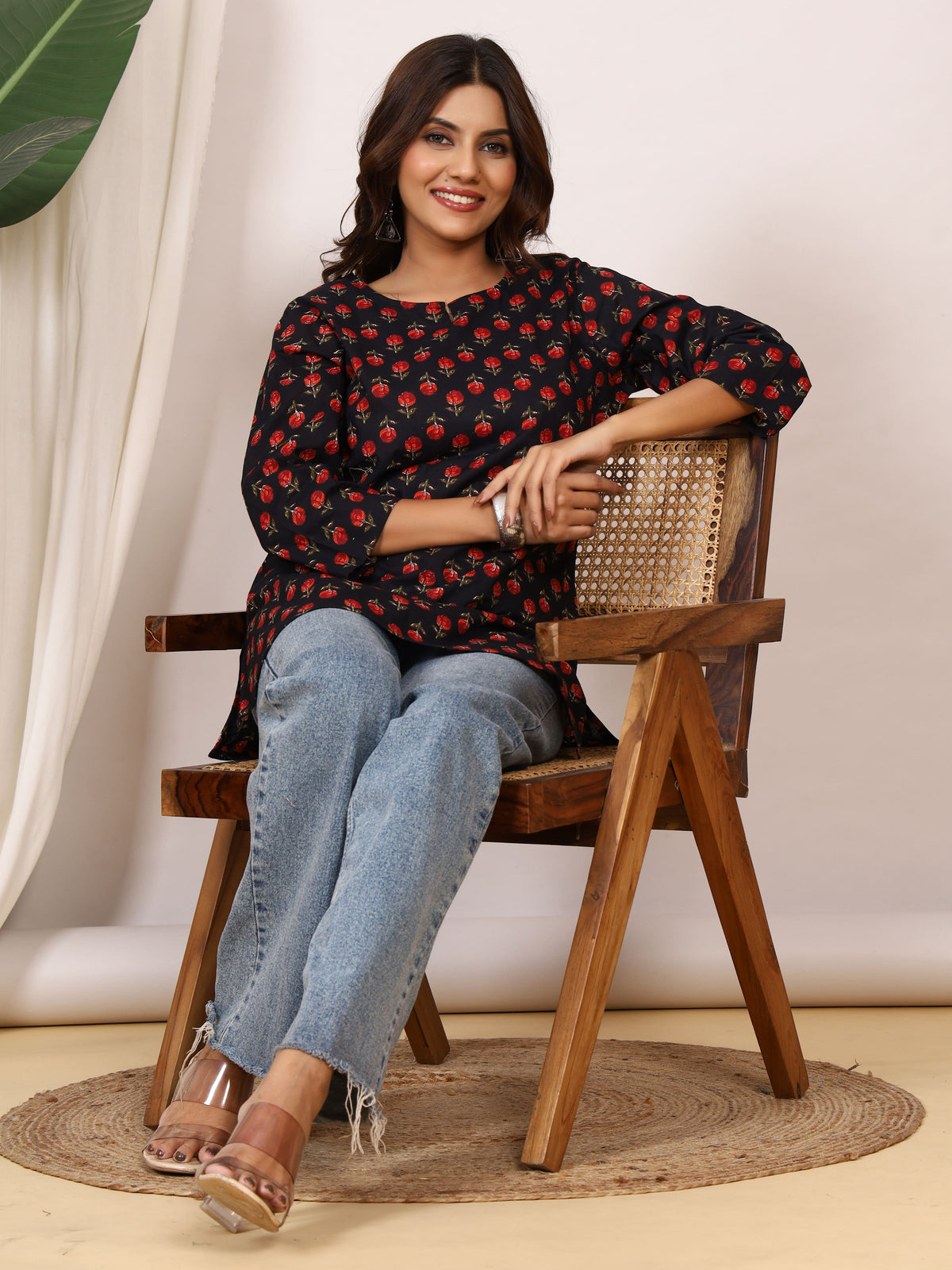 Black & Red Rose Buti Block Print Pure Cotton Top