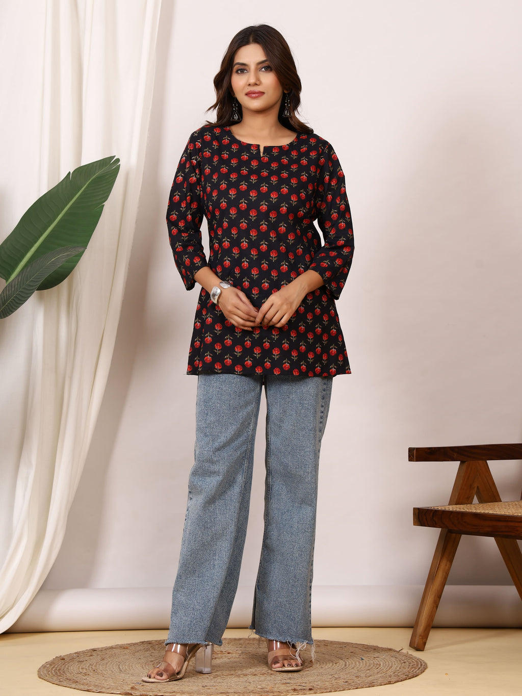 Black & Red Rose Buti Block Print Pure Cotton Top