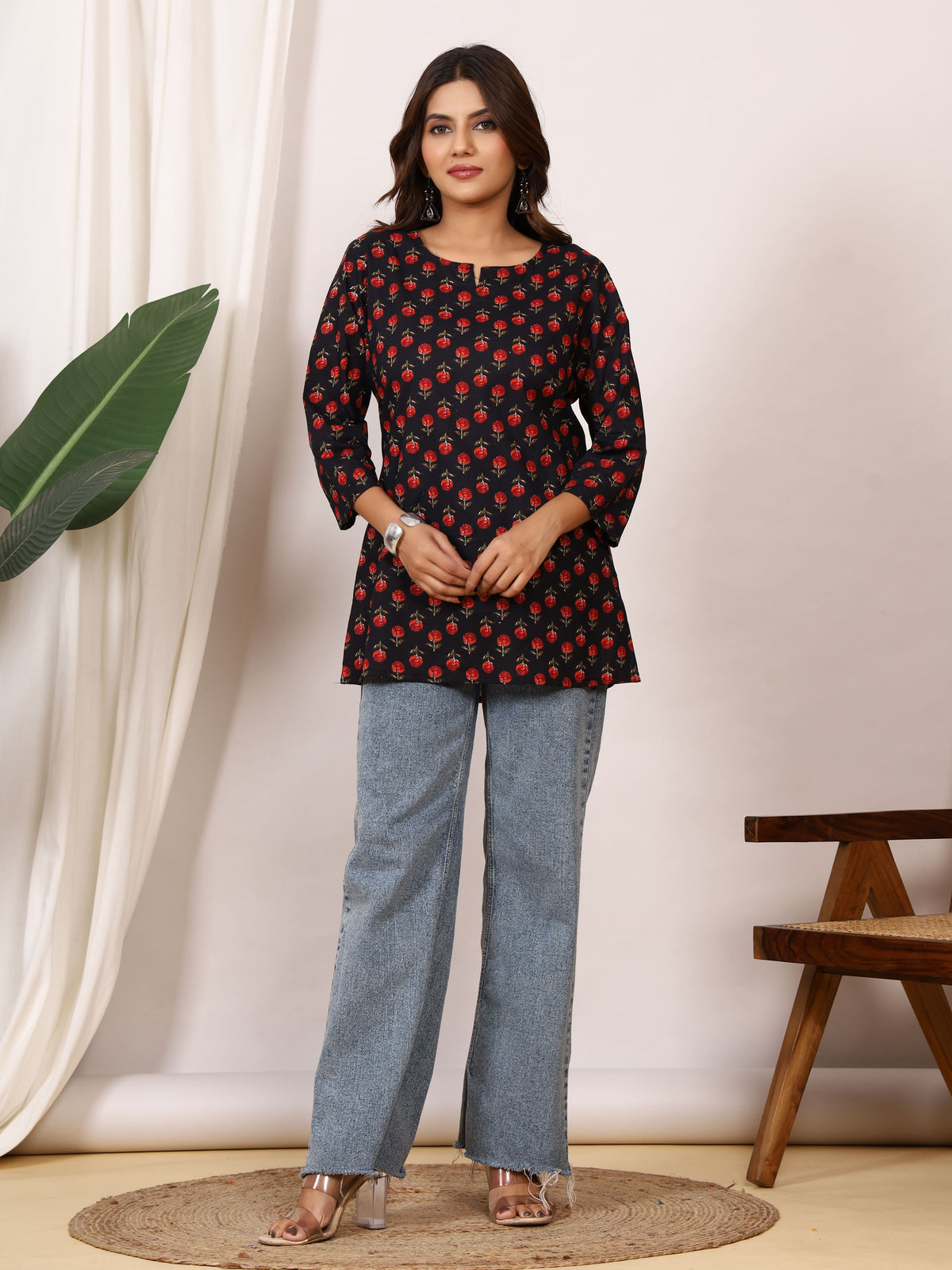 Black & Red Rose Buti Block Print Pure Cotton Top
