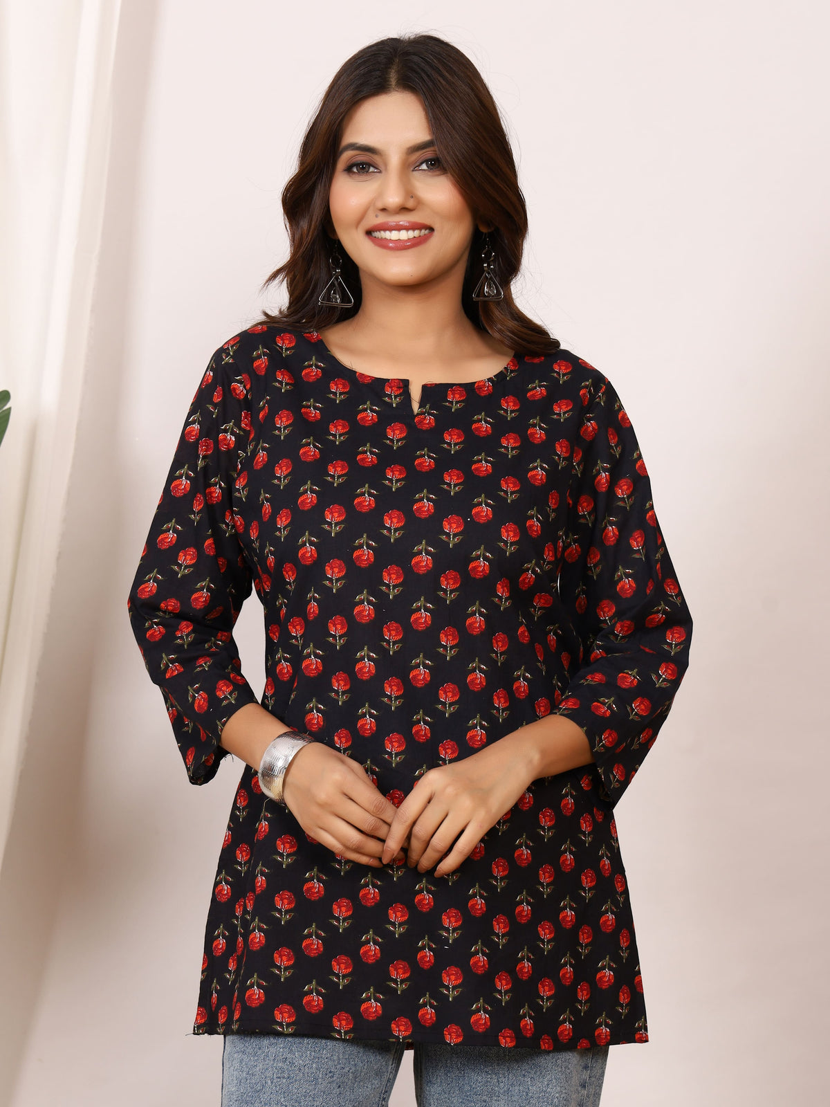 Black & Red Rose Buti Block Print Pure Cotton Top