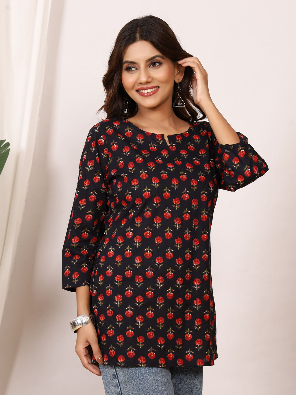 Black & Red Rose Buti Block Print Pure Cotton Top