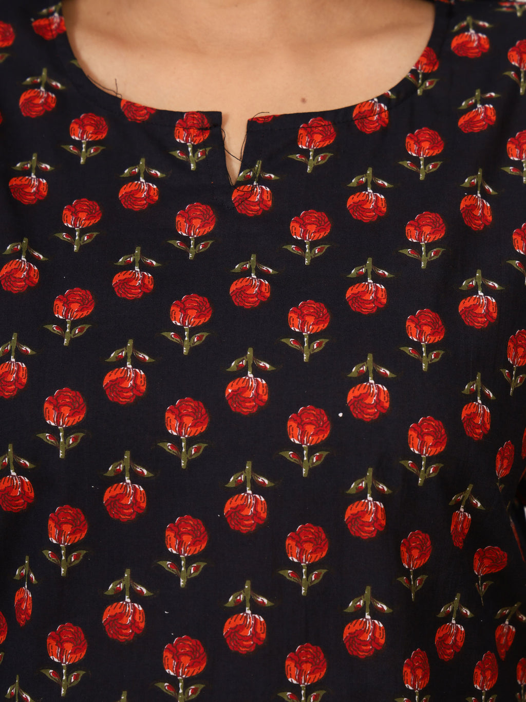 Black & Red Rose Buti Block Print Pure Cotton Top