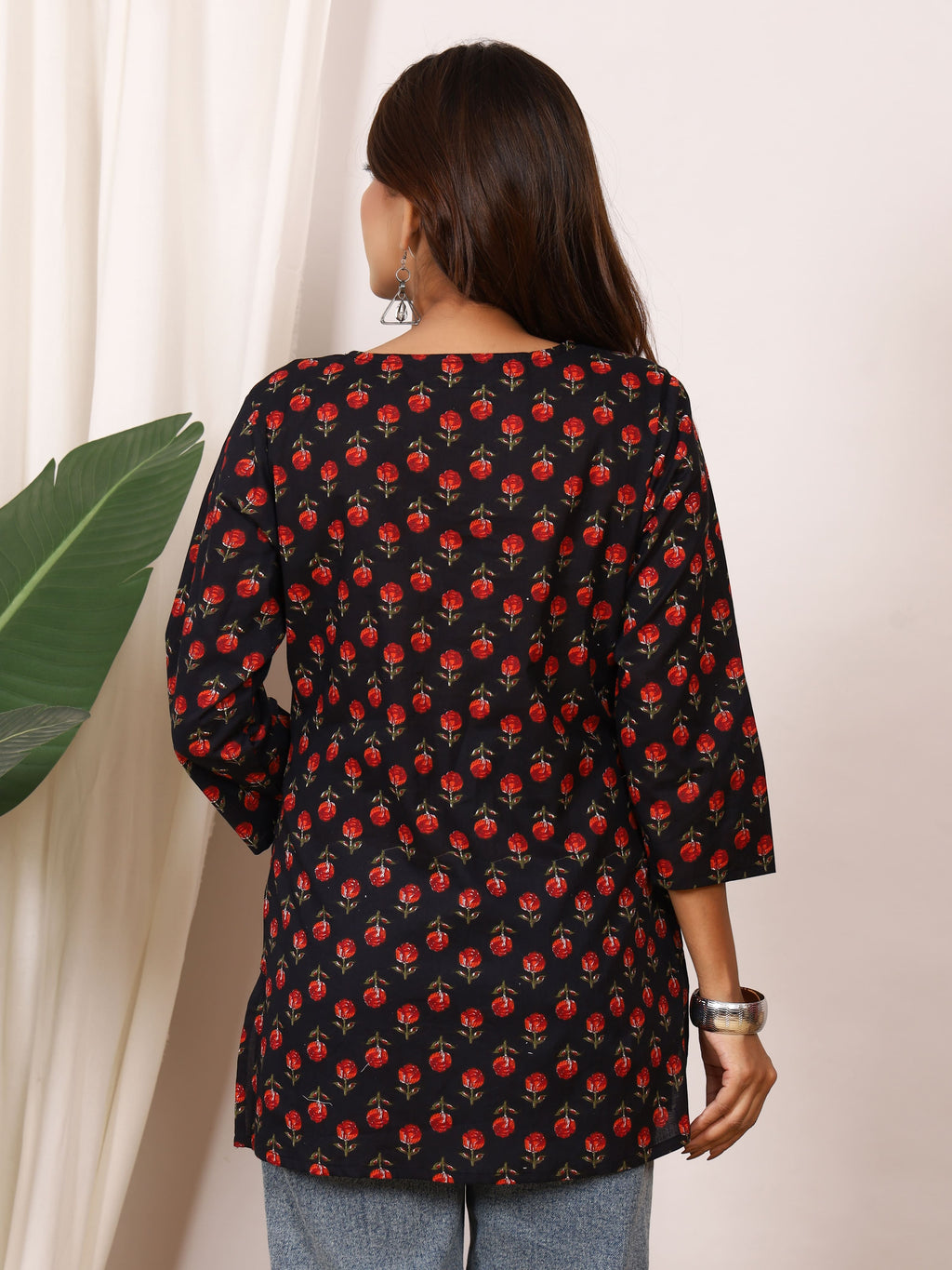 Black & Red Rose Buti Block Print Pure Cotton Top