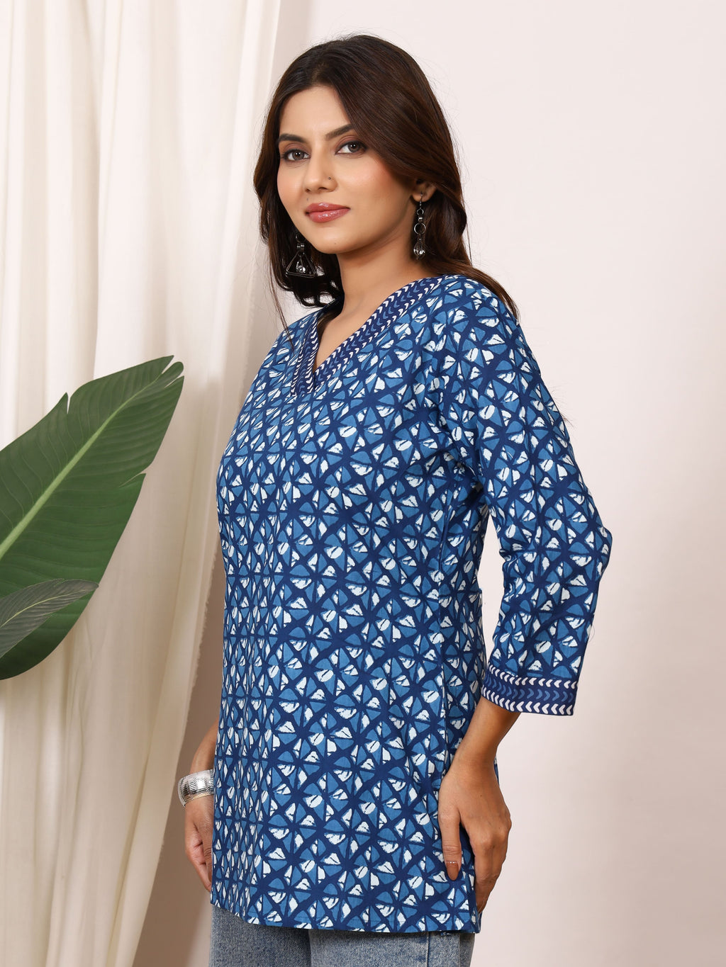 Indigo Blue Geometric Block Print Pure Cotton Top