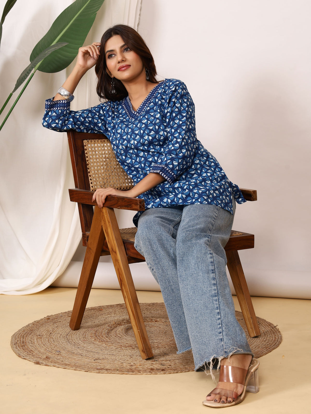 Indigo Blue Geometric Block Print Pure Cotton Top