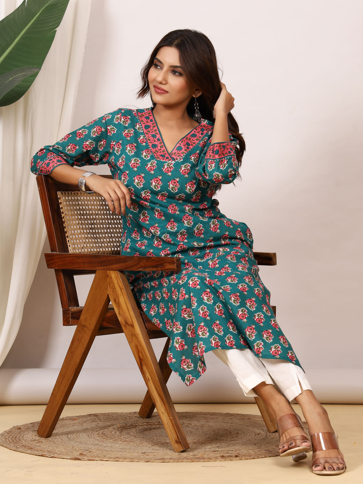 Sanganeri Teal Green Rose Floral Pure Cotton Kurti