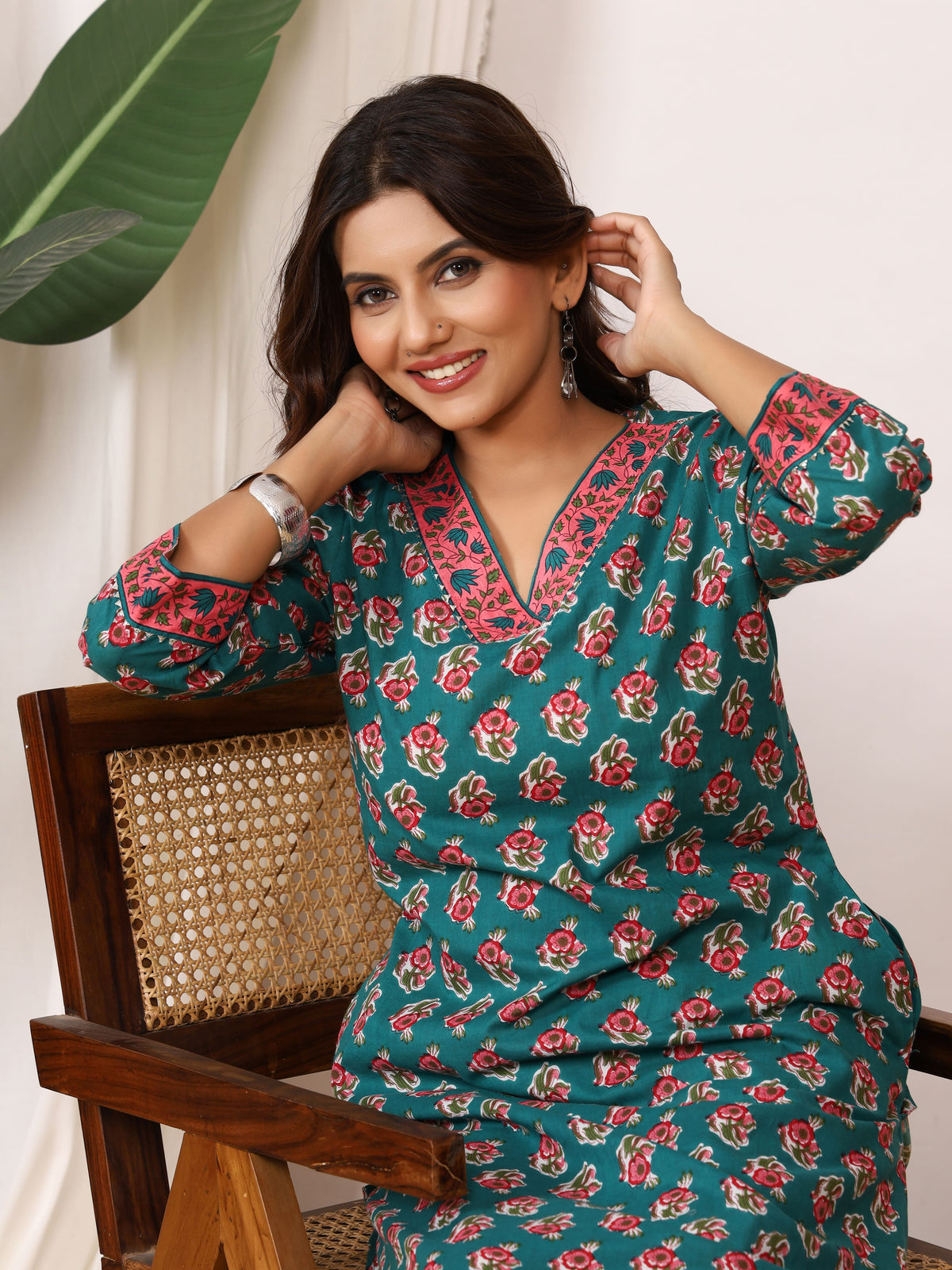 Sanganeri Teal Green Rose Floral Pure Cotton Kurti