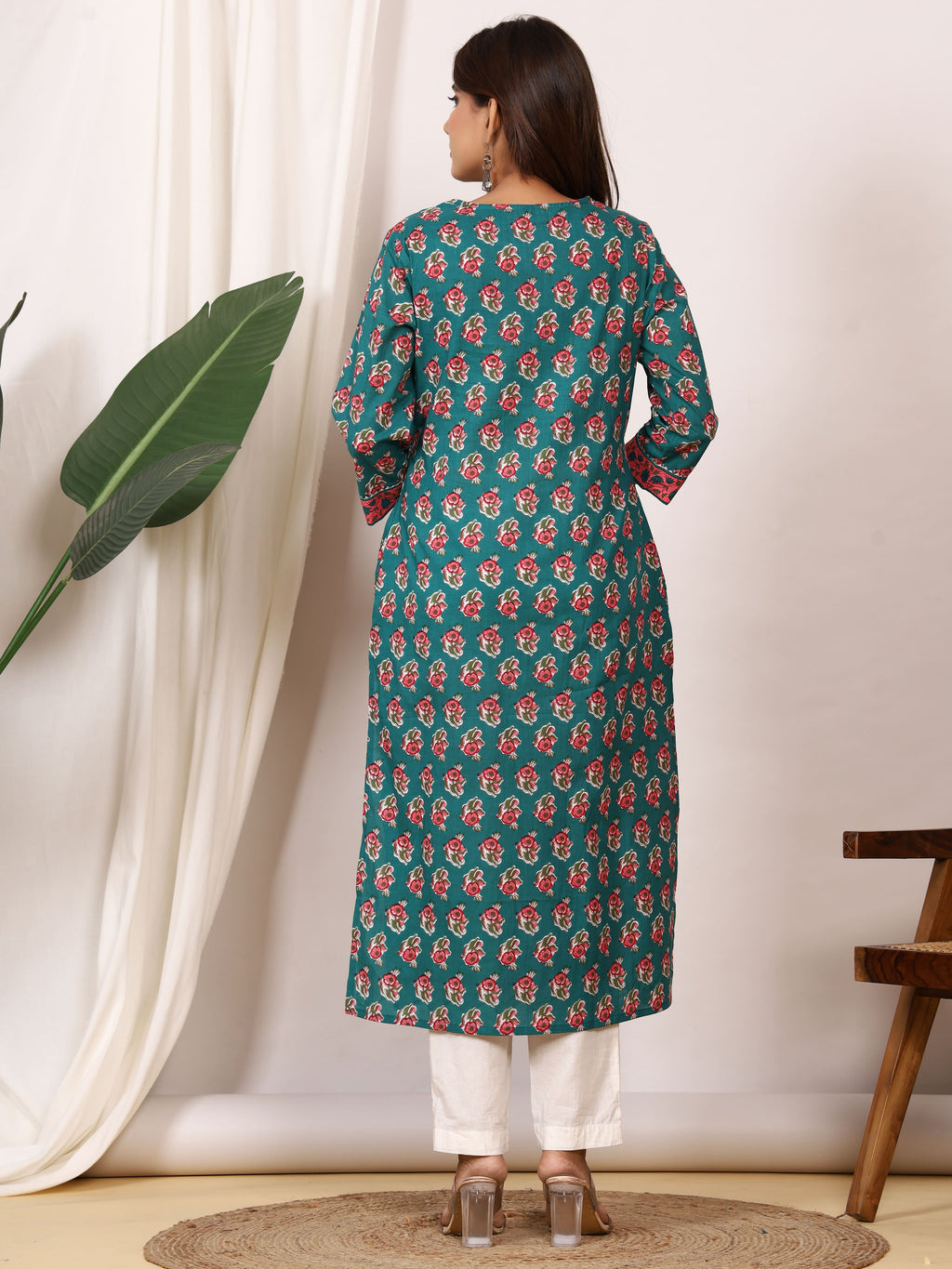 Sanganeri Teal Green Rose Floral Pure Cotton Kurti
