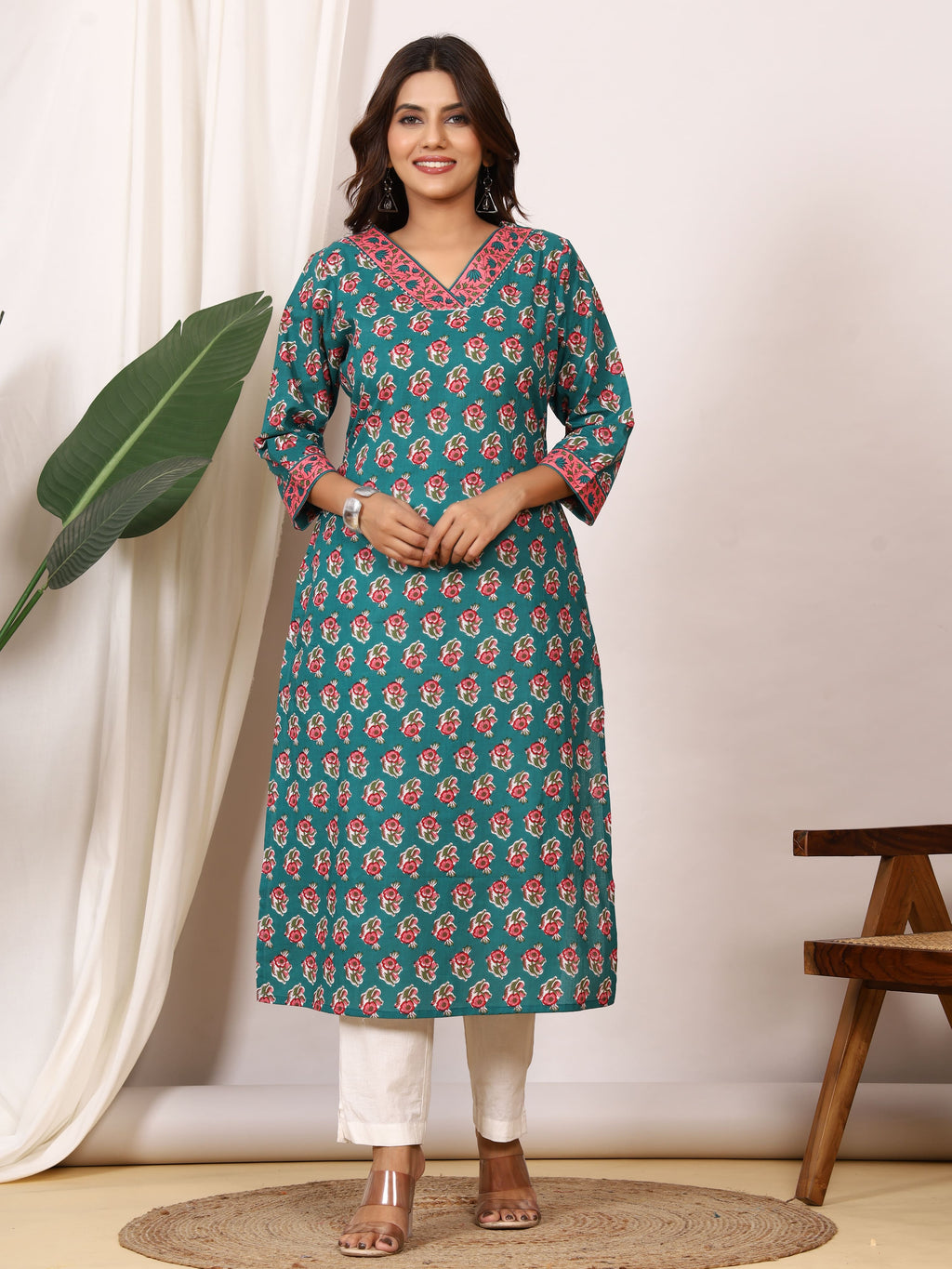 Sanganeri Teal Green Rose Floral Pure Cotton Kurti
