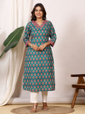 Sanganeri Teal Green Rose Floral Pure Cotton Kurti