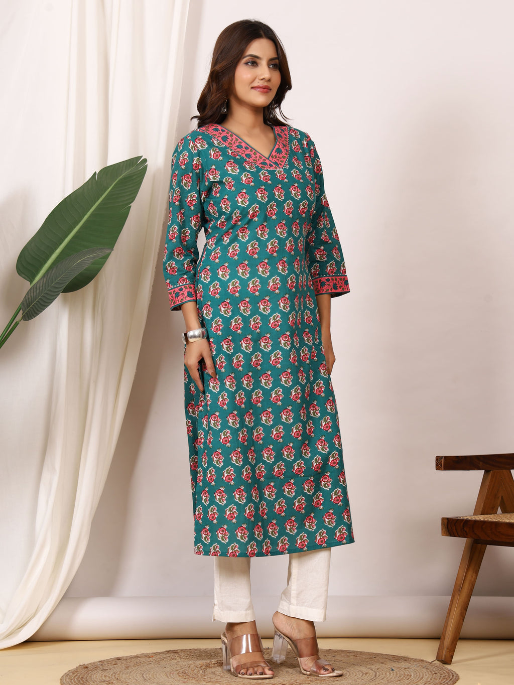 Sanganeri Teal Green Rose Floral Pure Cotton Kurti