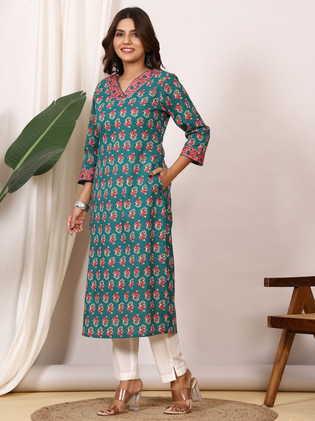 Sanganeri Teal Green Rose Floral Pure Cotton Kurti