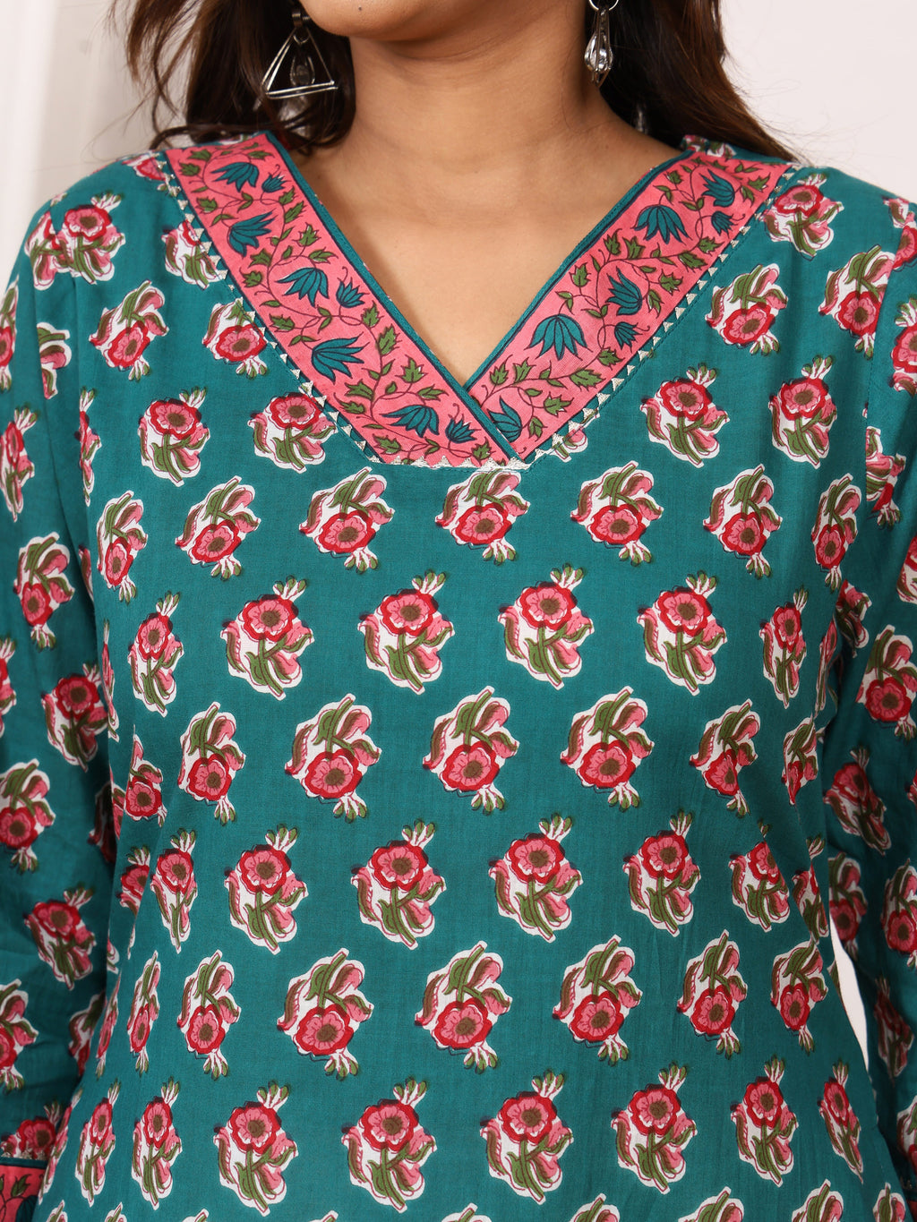 Sanganeri Teal Green Rose Floral Pure Cotton Kurti
