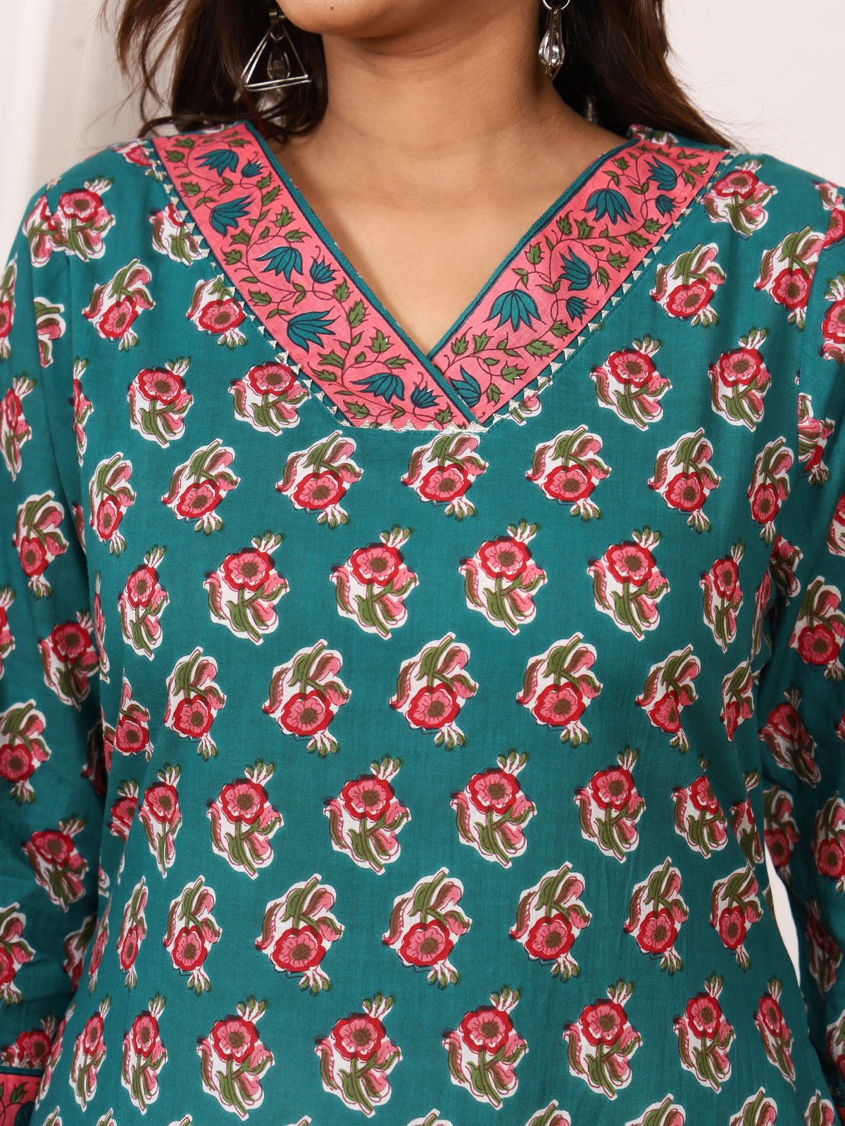 Sanganeri Teal Green Rose Floral Pure Cotton Kurti